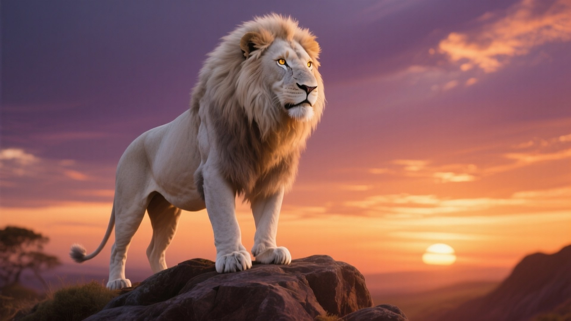Majestic White Lion at Sunset 壁紙 — 一頭雄偉的白獅子，金色鬃毛，站在岩石露頭上，背景是充滿活力的日落天空。