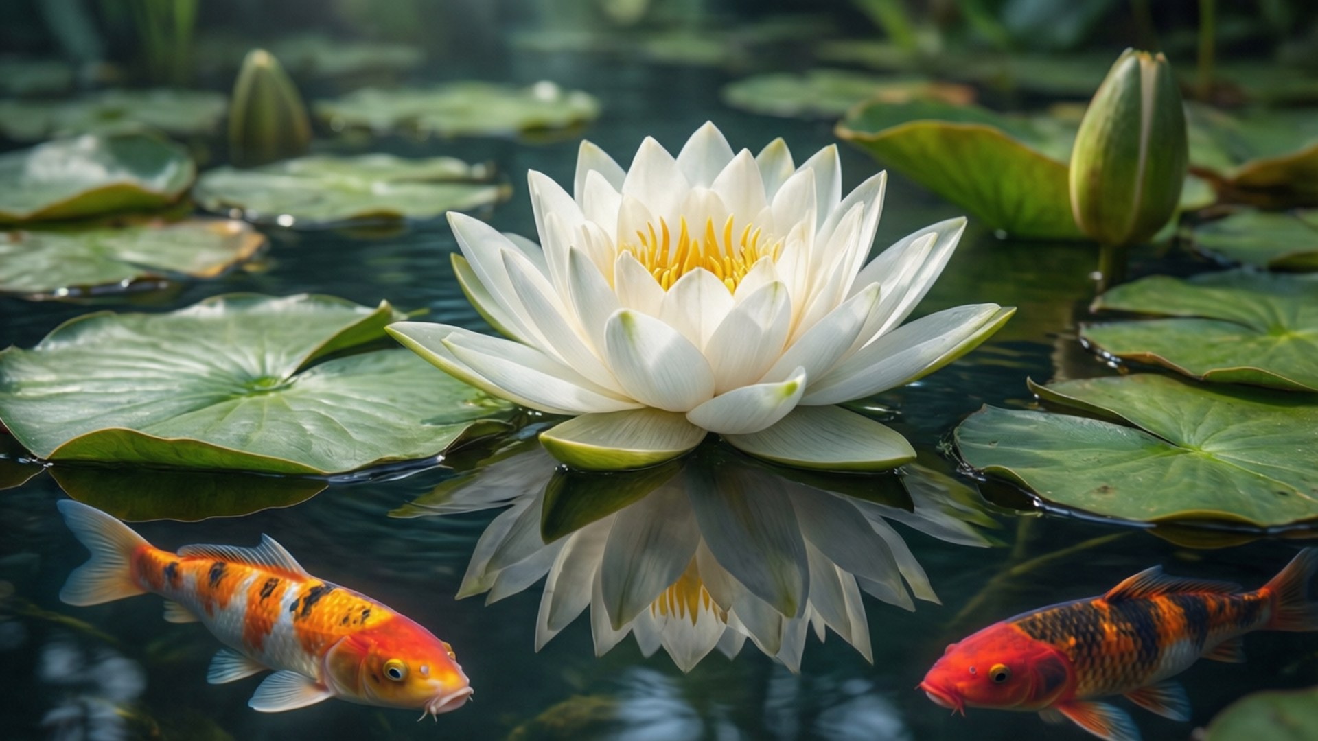 白色百合花 桌布 壁紙 — 一朵純潔的白睡蓮在寧靜的池塘中盛開，周圍環繞著睡蓮葉，附近有兩條色彩斑斕的錦鯉游動。