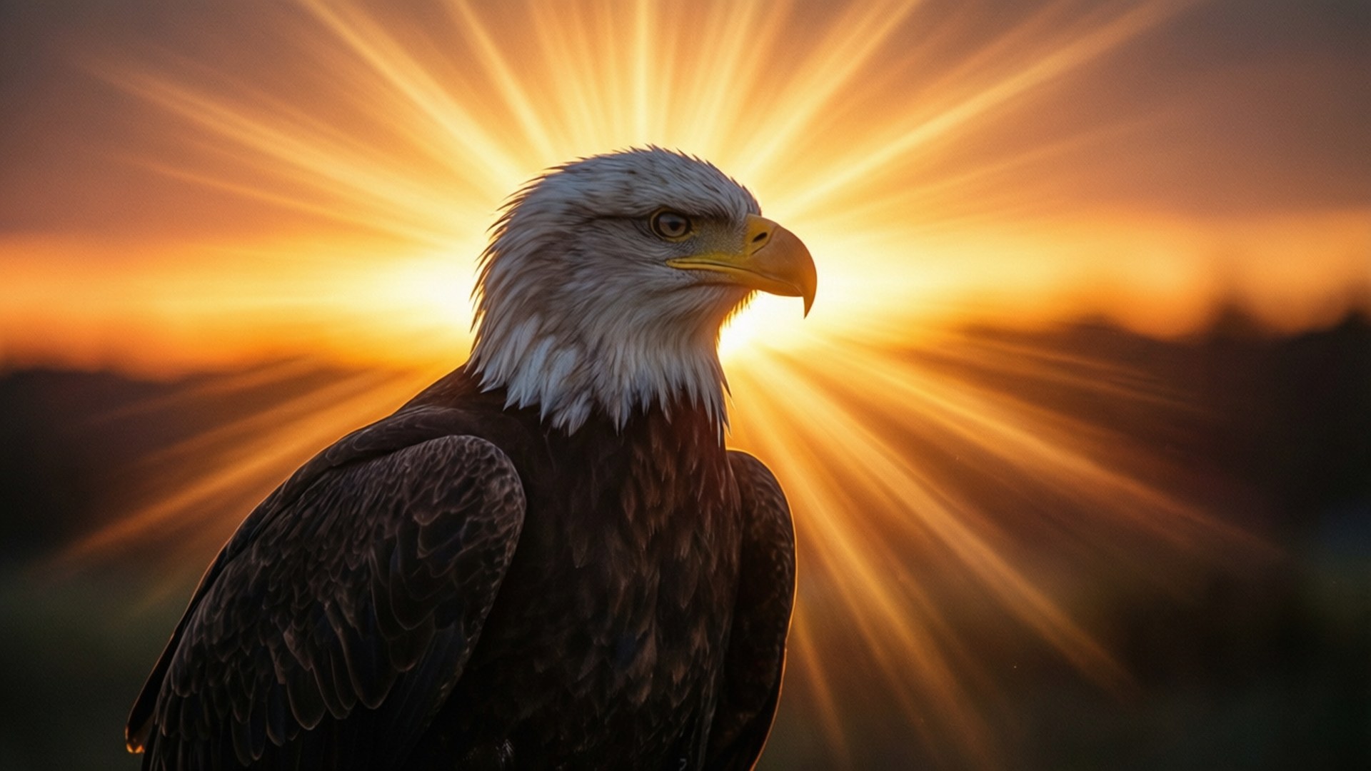 Rising Eagle 壁紙 — 一隻白頭鷹在燦爛的日落背景下形成剪影，金色陽光在其頭後迸發。