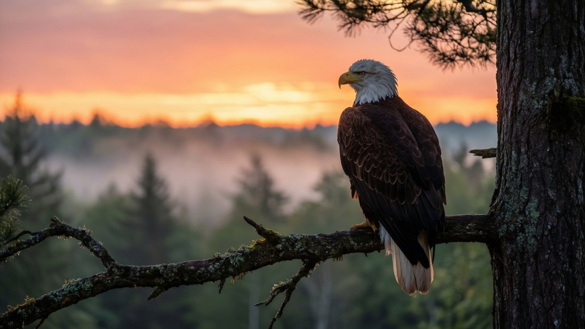 Eagle at Sunrise 壁紙 — 一隻白頭鷹威嚴地棲息在長滿苔蘚的樹枝上，黎明將天空染成溫暖的橙色和粉紅色，籠罩在霧氣繚繞的森林之上。