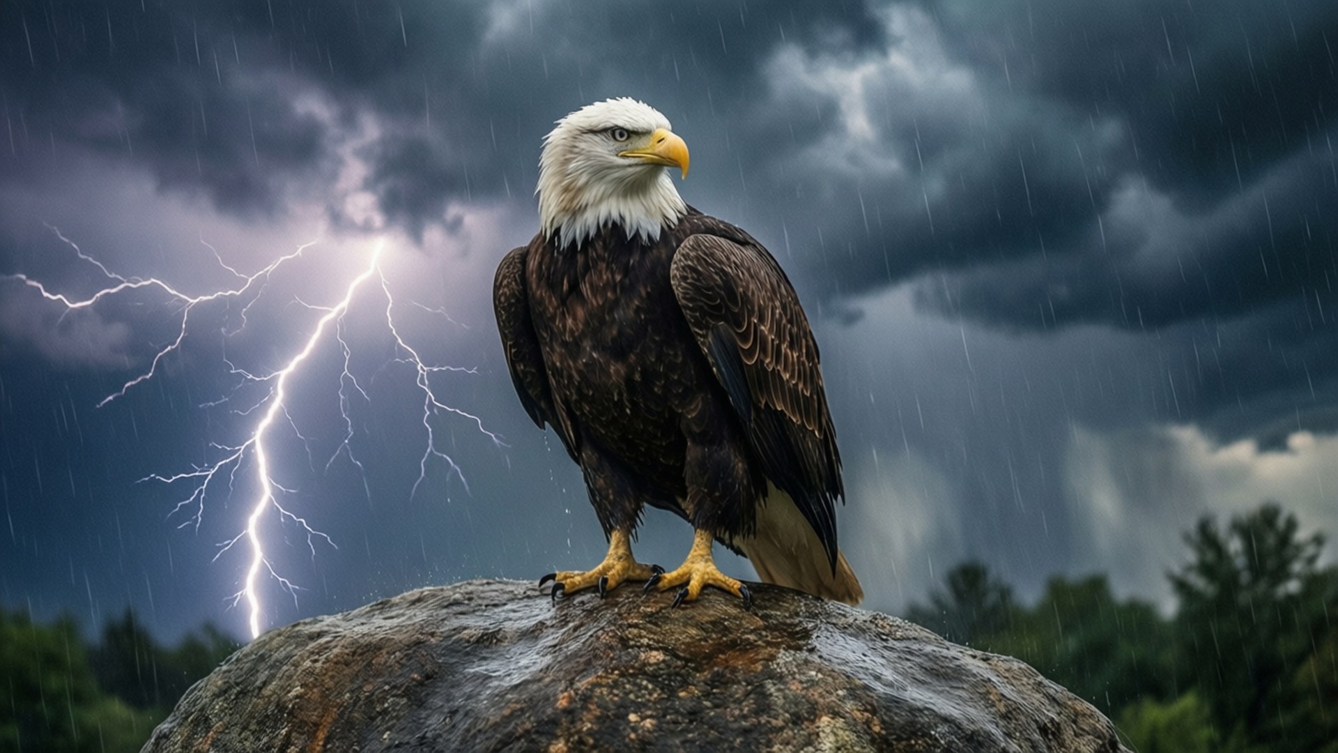 Stormborn 壁紙 — 一隻白頭鷹威風凜凜地棲息在濕岩石上，背後雷電交加，天空風暴肆虐。