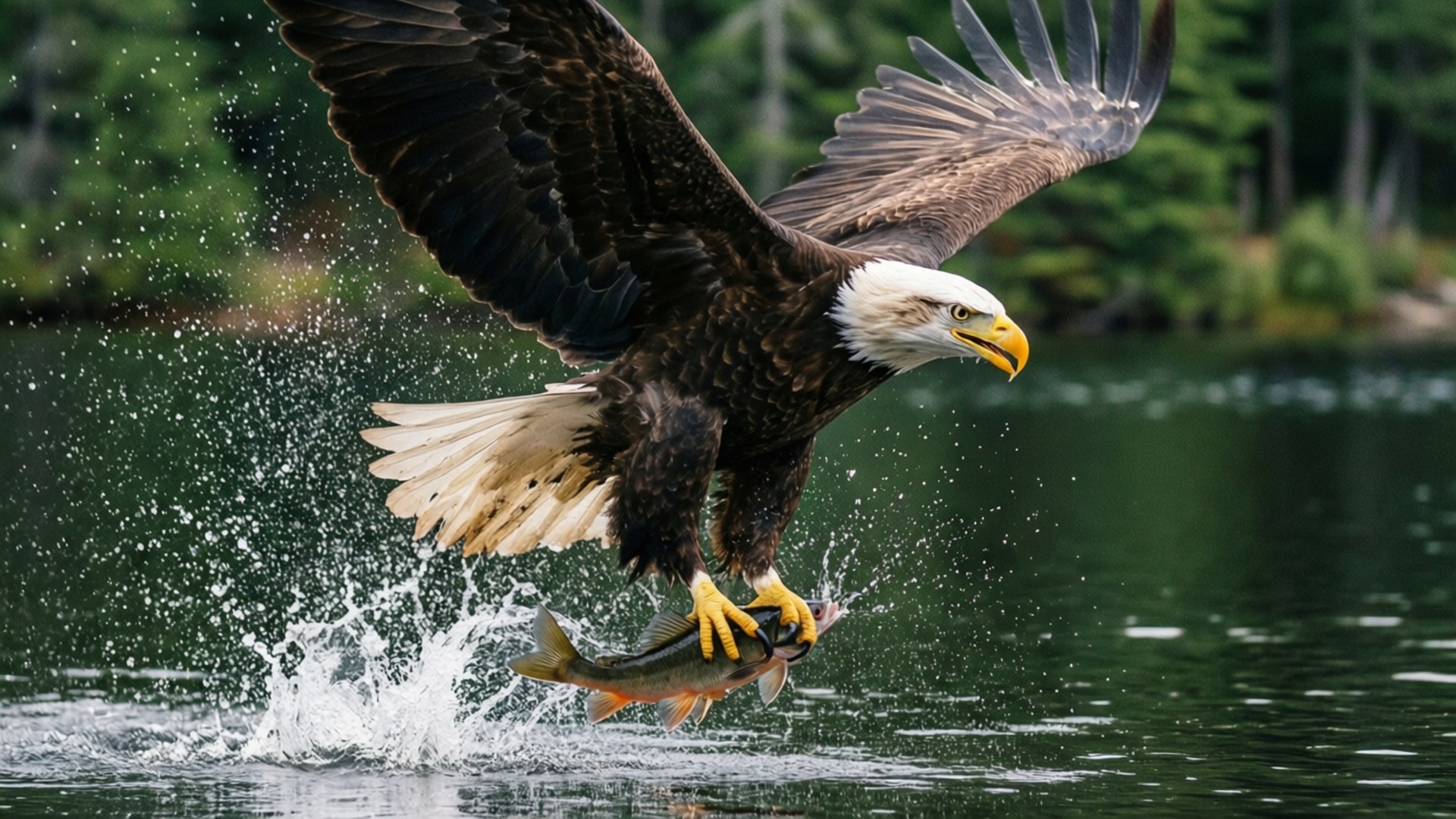Eagle Catching Fish 壁紙 — 一隻白頭鷹展開翅膀，從一個濺起水花的湖中抓起一條魚，周圍是綠樹。