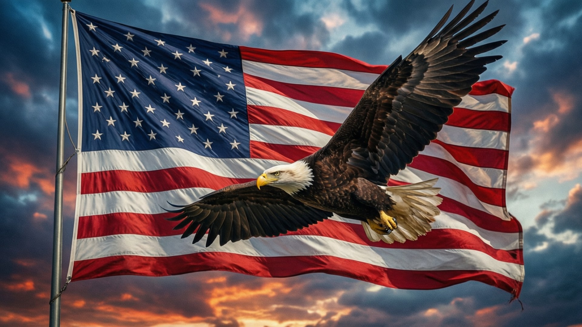 Bald Eagle and Flag 壁紙 — 一隻白頭鷹展翅翱翔，在飄揚的美國國旗前，襯著戲劇性的日落天空。