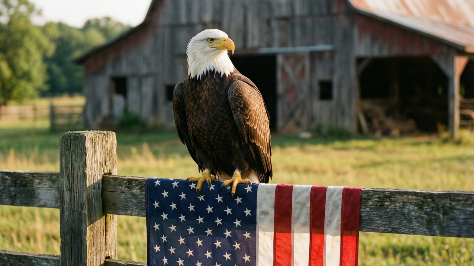 Rustic Flag Eagle 壁紙 — 一隻白頭鷹威風凜凜地棲息在一個飽經風霜的木柵欄上，柵欄上披著一面美國國旗，背景是質樸的穀倉。
