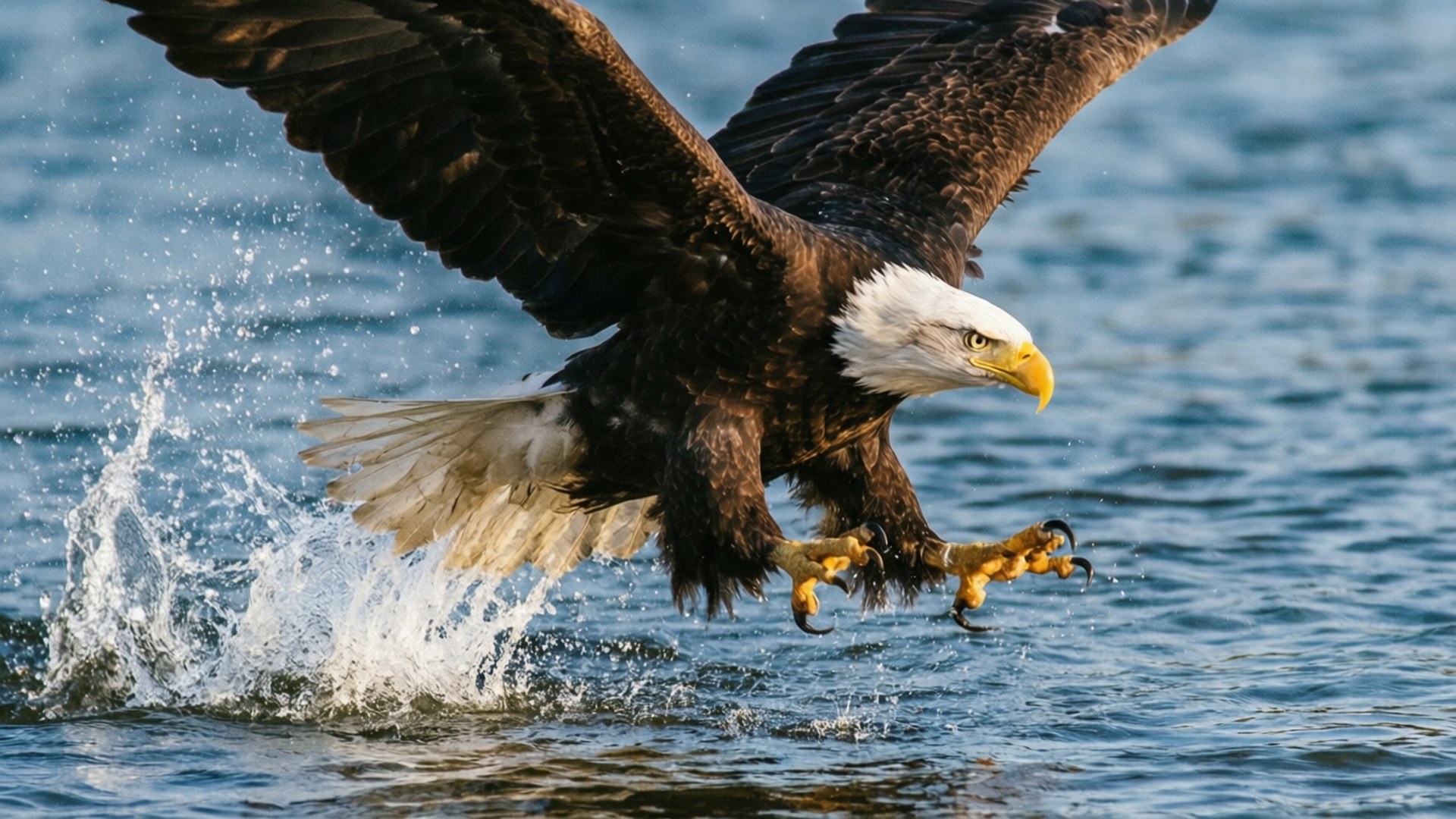 Hunting Dive 壁紙 — 一隻白頭鷹張開翅膀和爪子衝入藍色水中，激起水花。