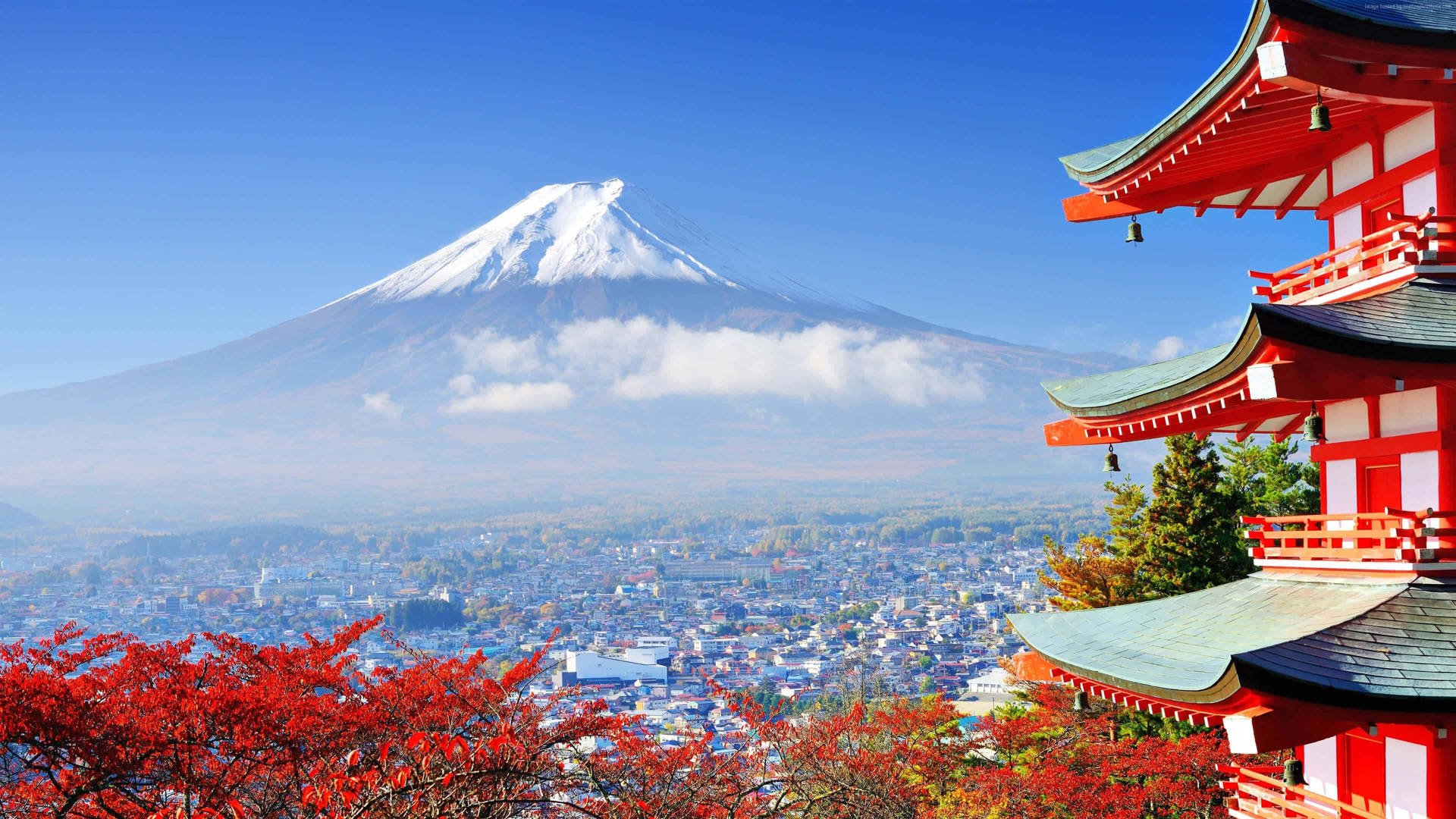 紅色寺廟與白雪覆蓋的富士山，背景有秋葉 — 日式自然壁紙 壁紙