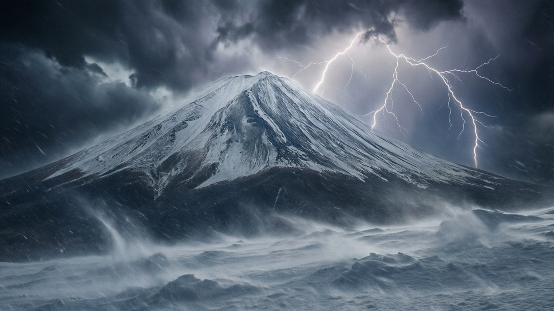 Lightning Storm Summit 壁紙 — 白雪覆蓋的山峰在暴風雨的天空下，閃電在旋轉的雪地上方的烏雲中分叉。