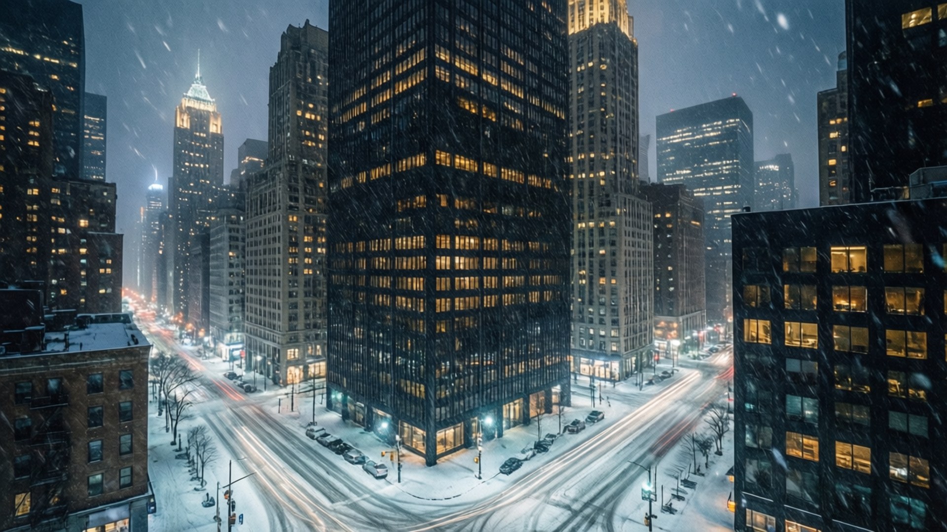 Cold City Night 壁紙 — 白雪覆蓋著夜晚繁忙的城市街道，燈火通明的摩天大樓穿透飄落的雪花。