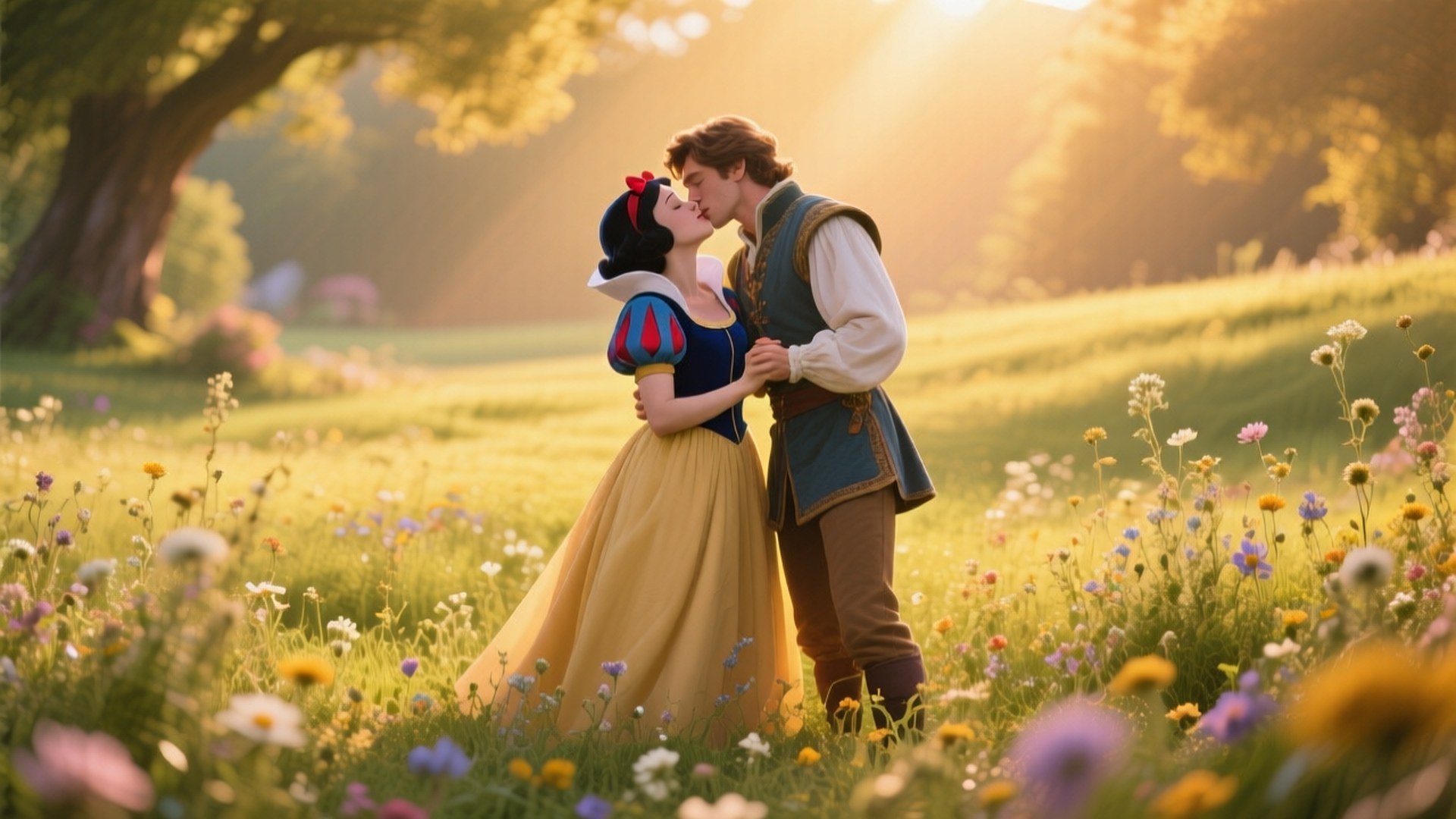 True Love's Kiss 壁紙 — 白雪公主和白馬王子在陽光明媚、開滿彩色野花的草地上深情接吻。
