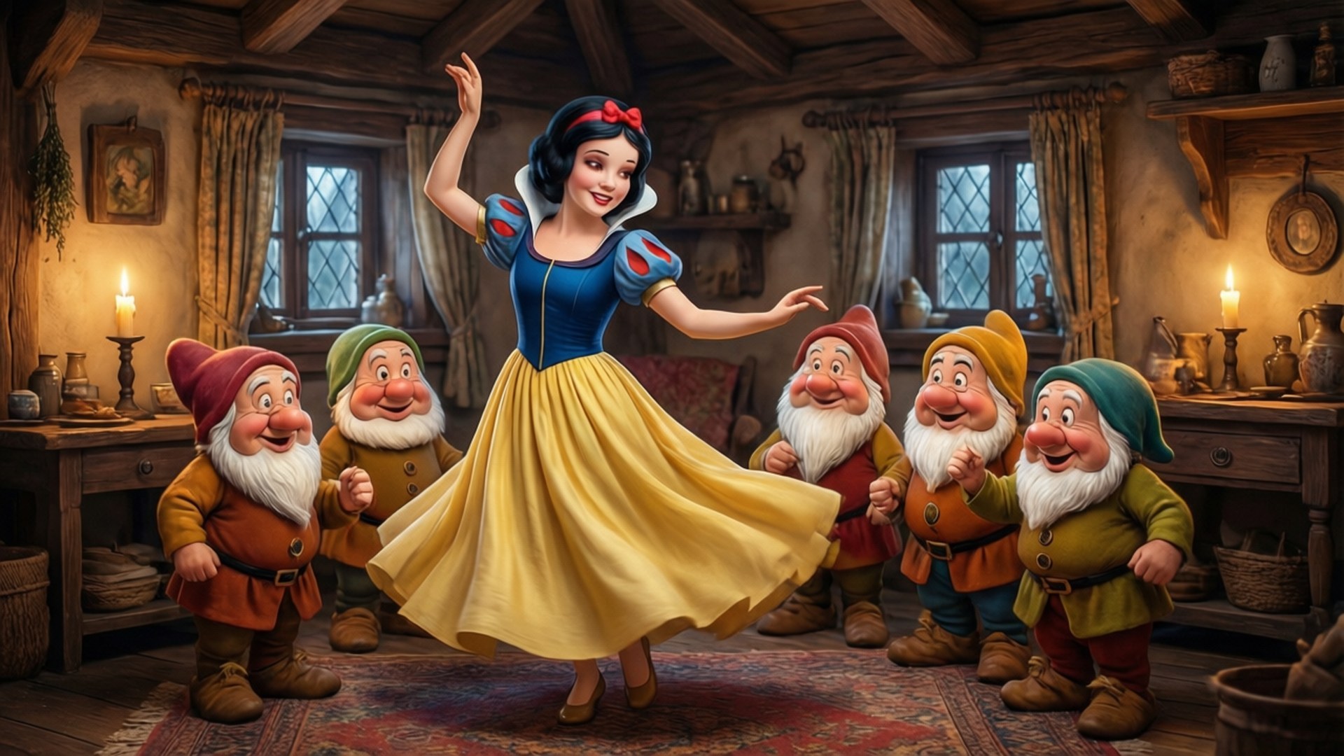Dance with Dwarfs 壁紙 — 白雪公主身穿藍色連衣裙和黃色裙子，在質樸的木屋中快樂地旋轉，七個小矮人高興地看著。