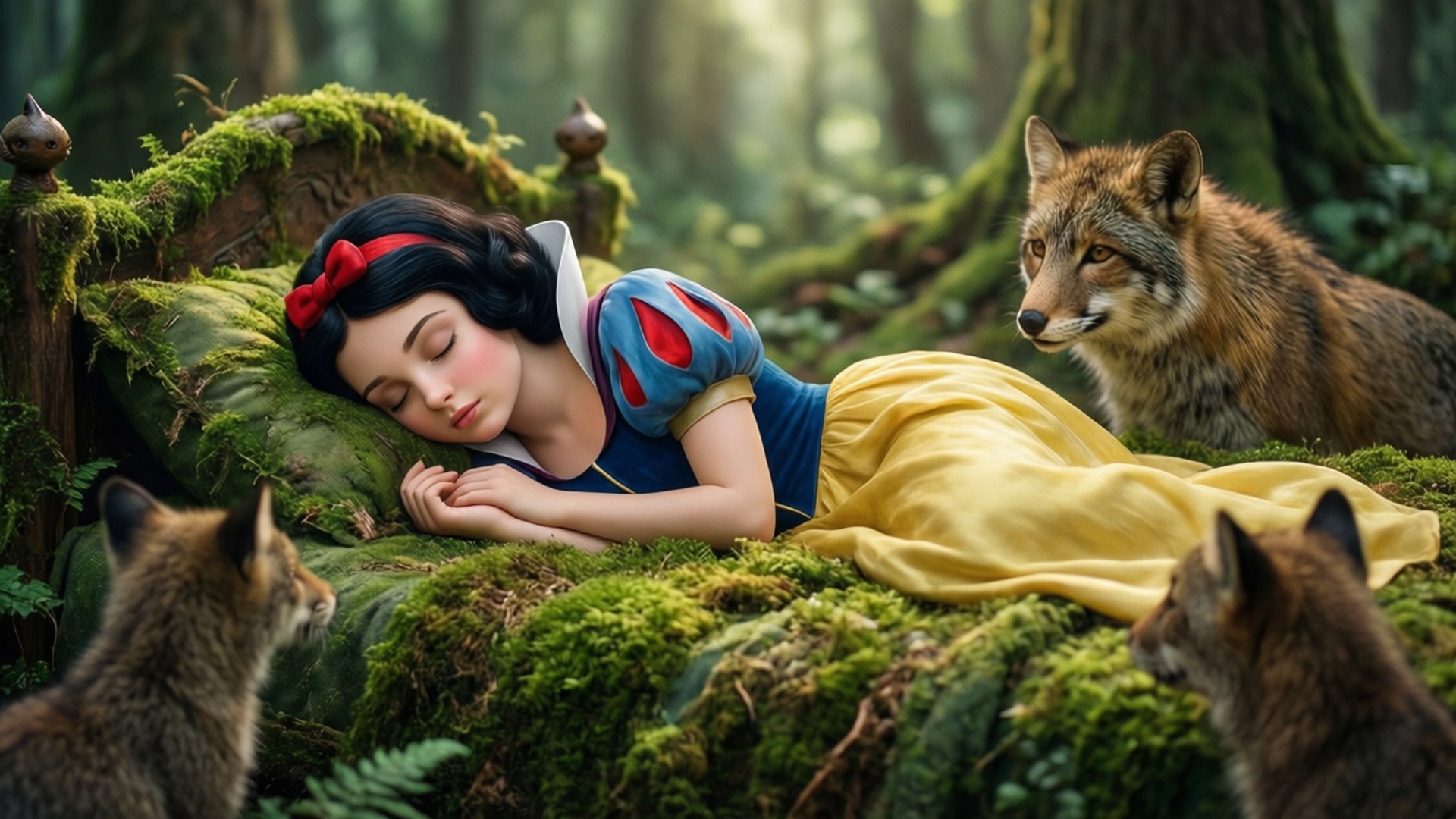 Peaceful Slumber 壁紙 — 白雪公主在長滿苔蘚的森林寶座上安詳入睡，三隻狐狸帶著溫柔的好奇心注視著她。