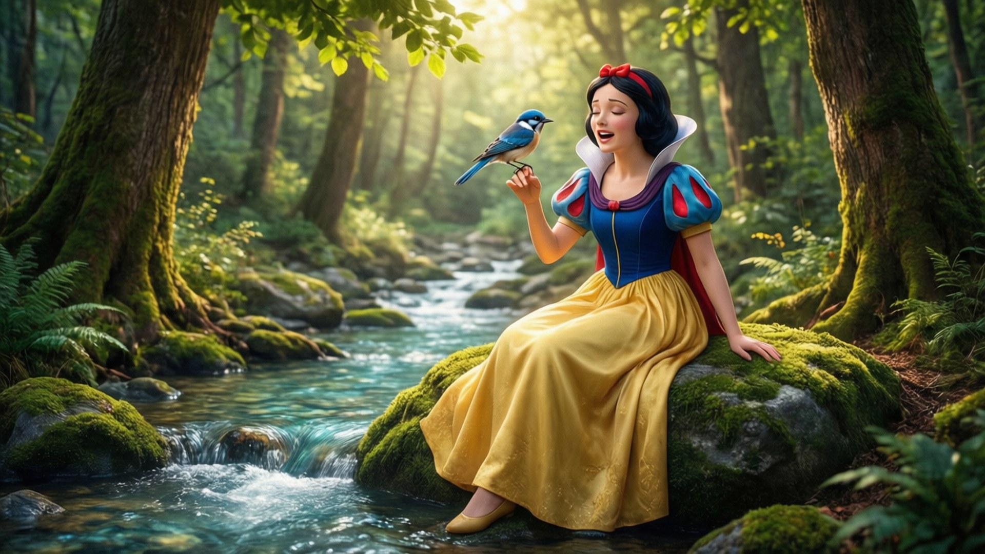Snow White's Forest Serenade 壁紙 — 白雪公主坐在陽光普照的森林中長滿苔蘚的小溪旁，手指上停著一隻藍鳥。