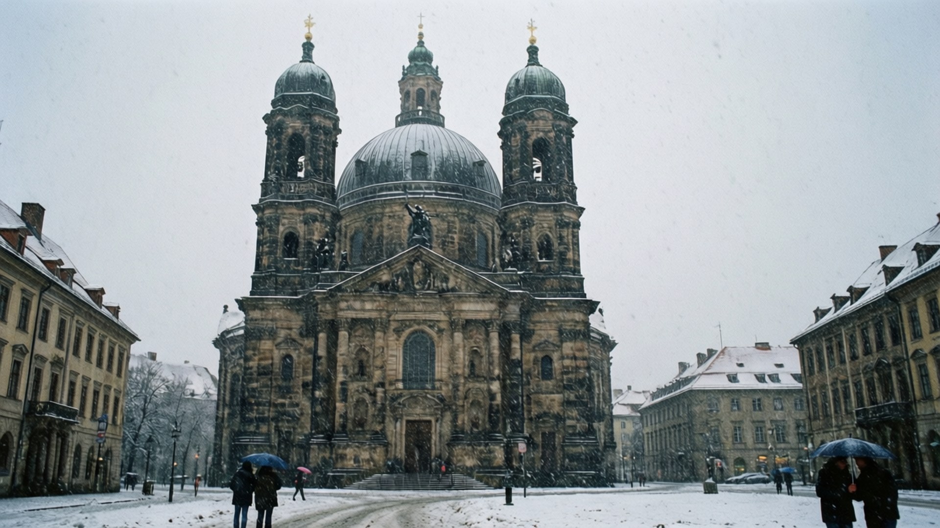 Frauenkirche Winter Snow 壁紙 — 一座有三個圓頂的宏偉巴洛克大教堂被雪覆蓋，人們撐著傘走過白雪覆蓋的廣場。