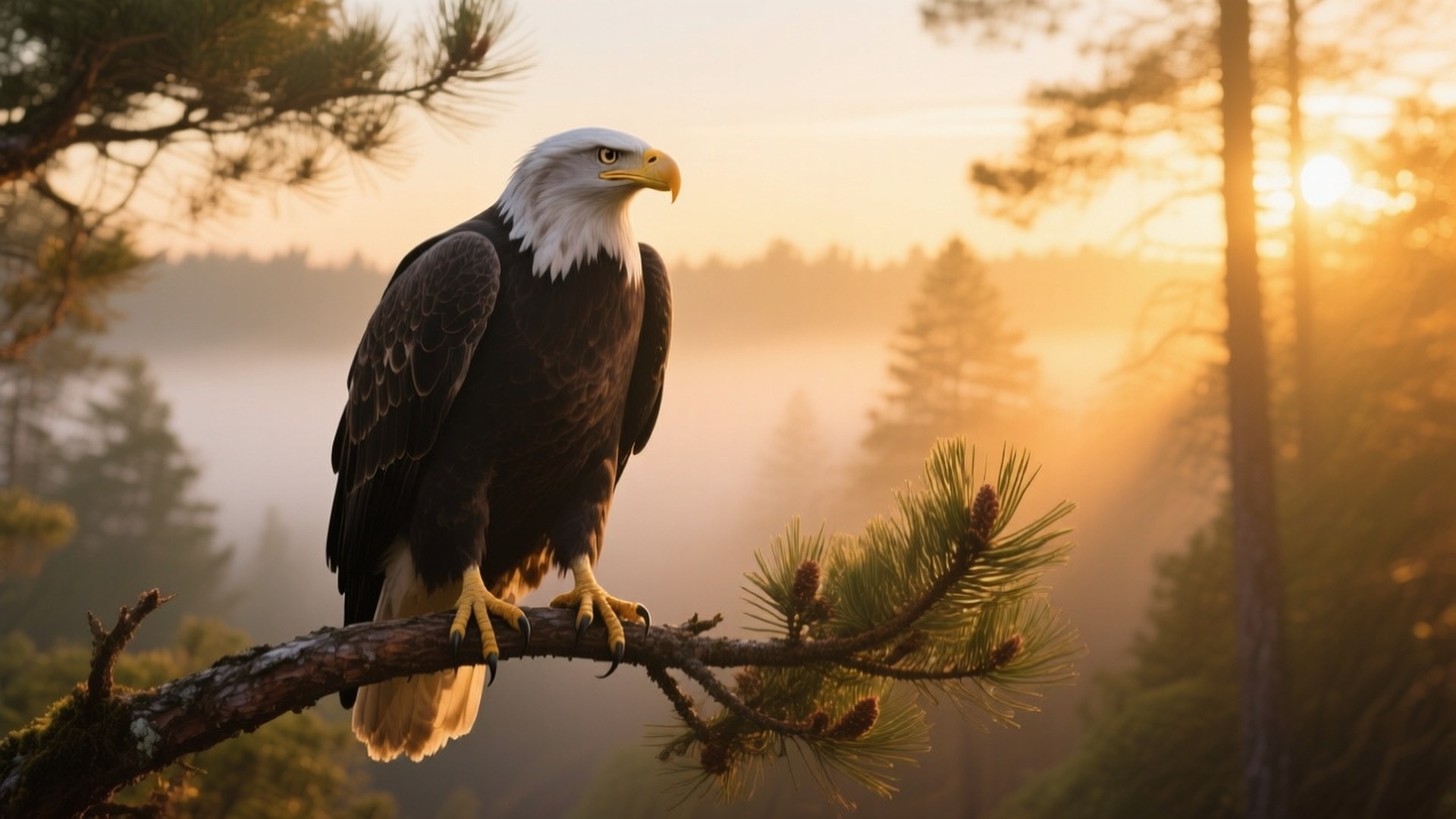 Eagle at Dawn 壁紙 — 一隻白頭鷹威嚴地棲息在松樹枝上，金色的日出光線穿過霧氣瀰漫的森林樹木。