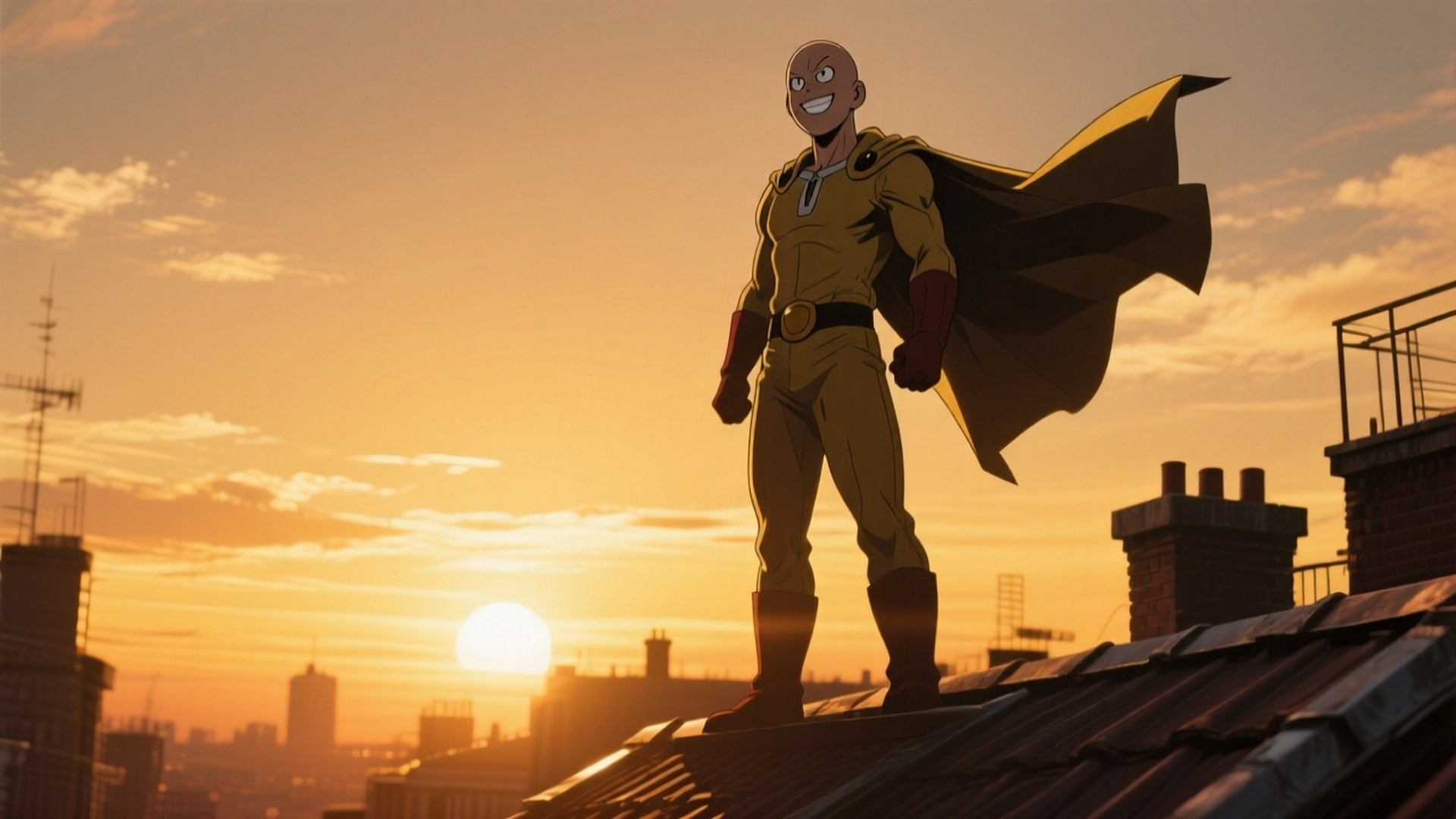 Sunset Hero Rooftop 壁紙 — 一個光頭超級英雄穿著黃色西裝和斗篷，自信地站在屋頂上，夕陽下俯瞰城市景觀。