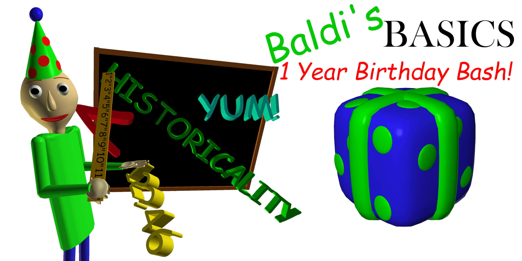 恐怖 桌布 壁紙 — Baldi 戴著綠色派對帽，手持寫有「HISTORICALITY YUM!」的黑板，旁邊有一個藍綠色的禮物立方體，為 Baldi's Basics 一週年生日派對。