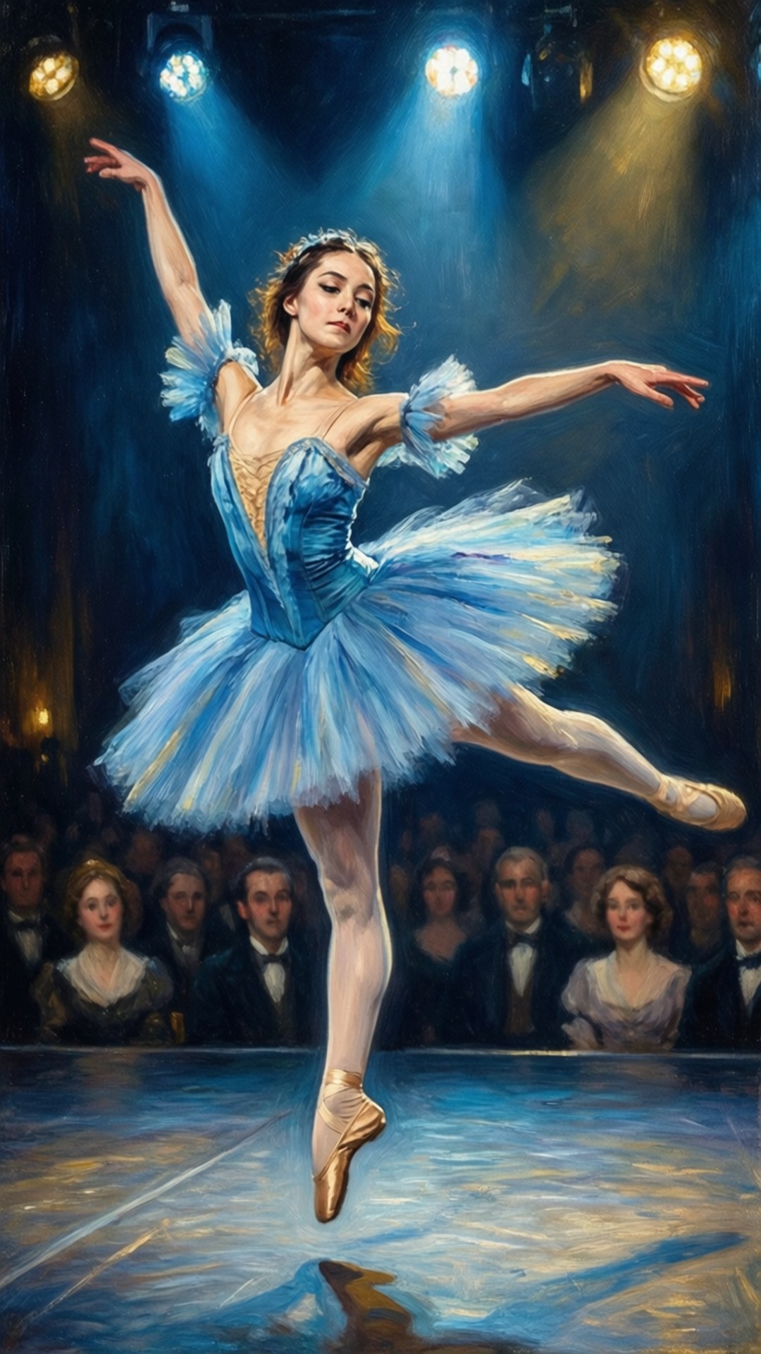 Leaping Dancer in Blue 壁紙 — 一位穿著閃亮藍色芭蕾舞裙的芭蕾舞者在明亮的舞台燈光下，在觀眾面前表演優雅的阿拉貝斯克。
