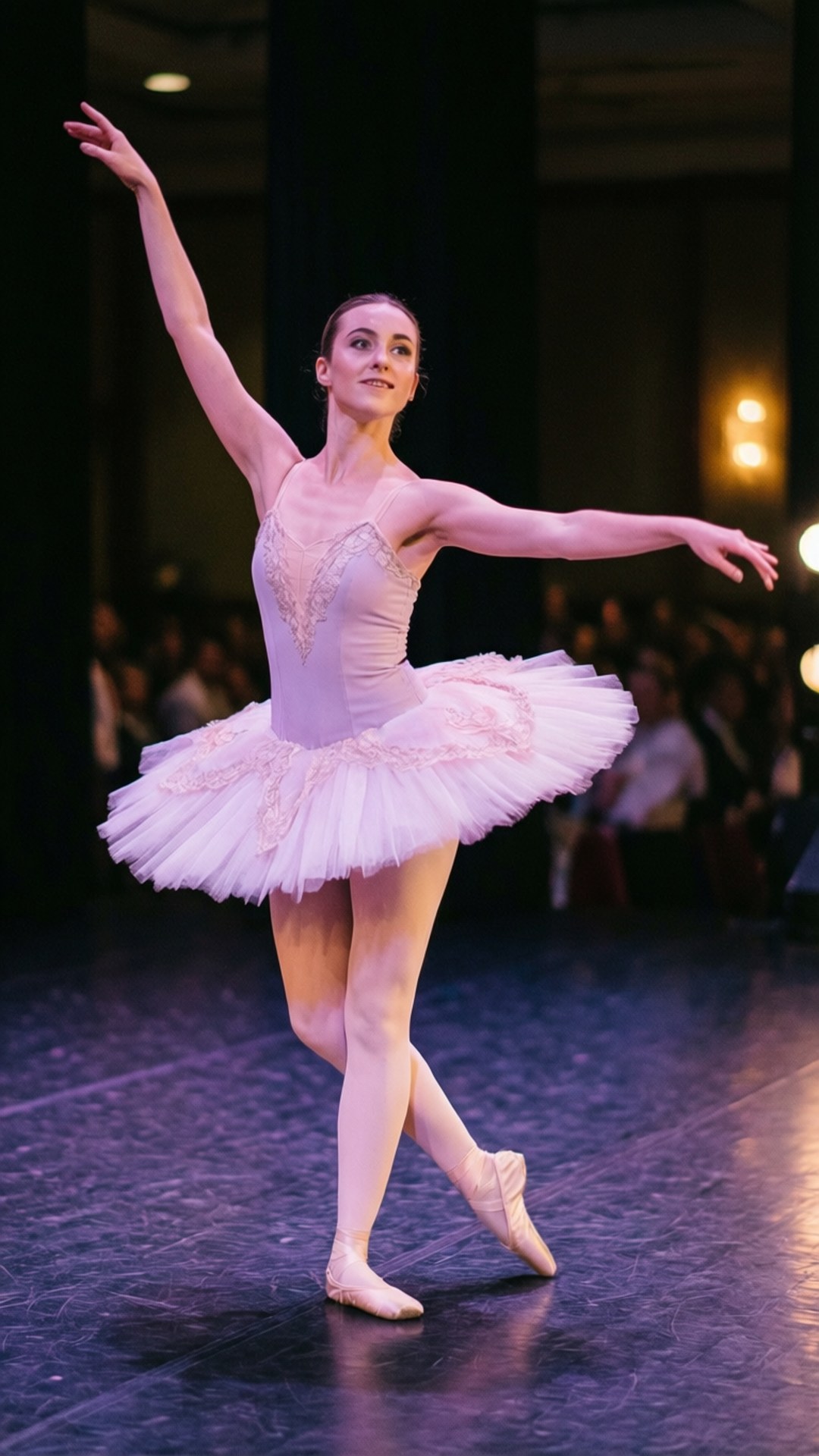 Ballet Graceful Pose 壁紙 — 一位穿著淡粉紅色芭蕾舞裙的芭蕾舞者，在燈光昏暗的舞台上優雅地伸展雙臂表演，身後有觀眾處於柔和焦點。