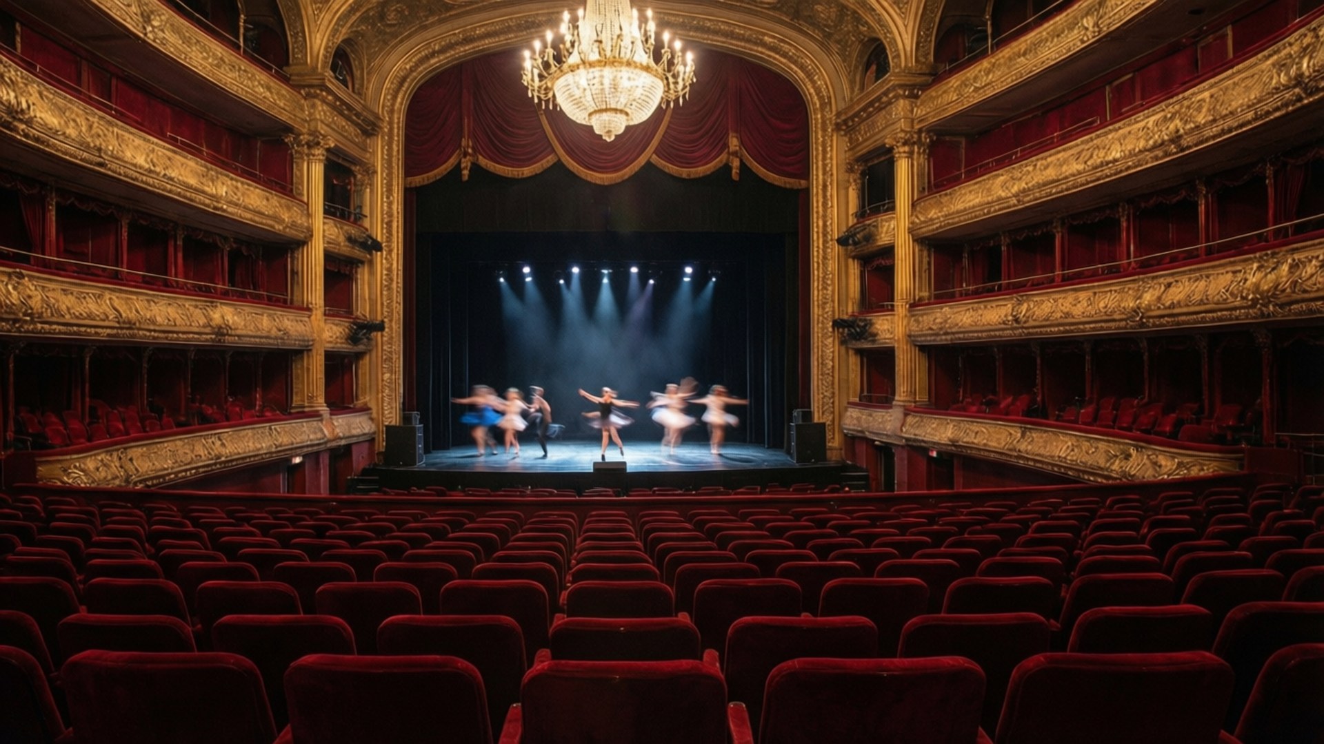 Teatro Colón Performance 壁紙 — 芭蕾舞者在聚光燈下於一個華麗的大舞台上表演，舞台由華麗的金色陽台和紅色天鵝絨座椅環繞。