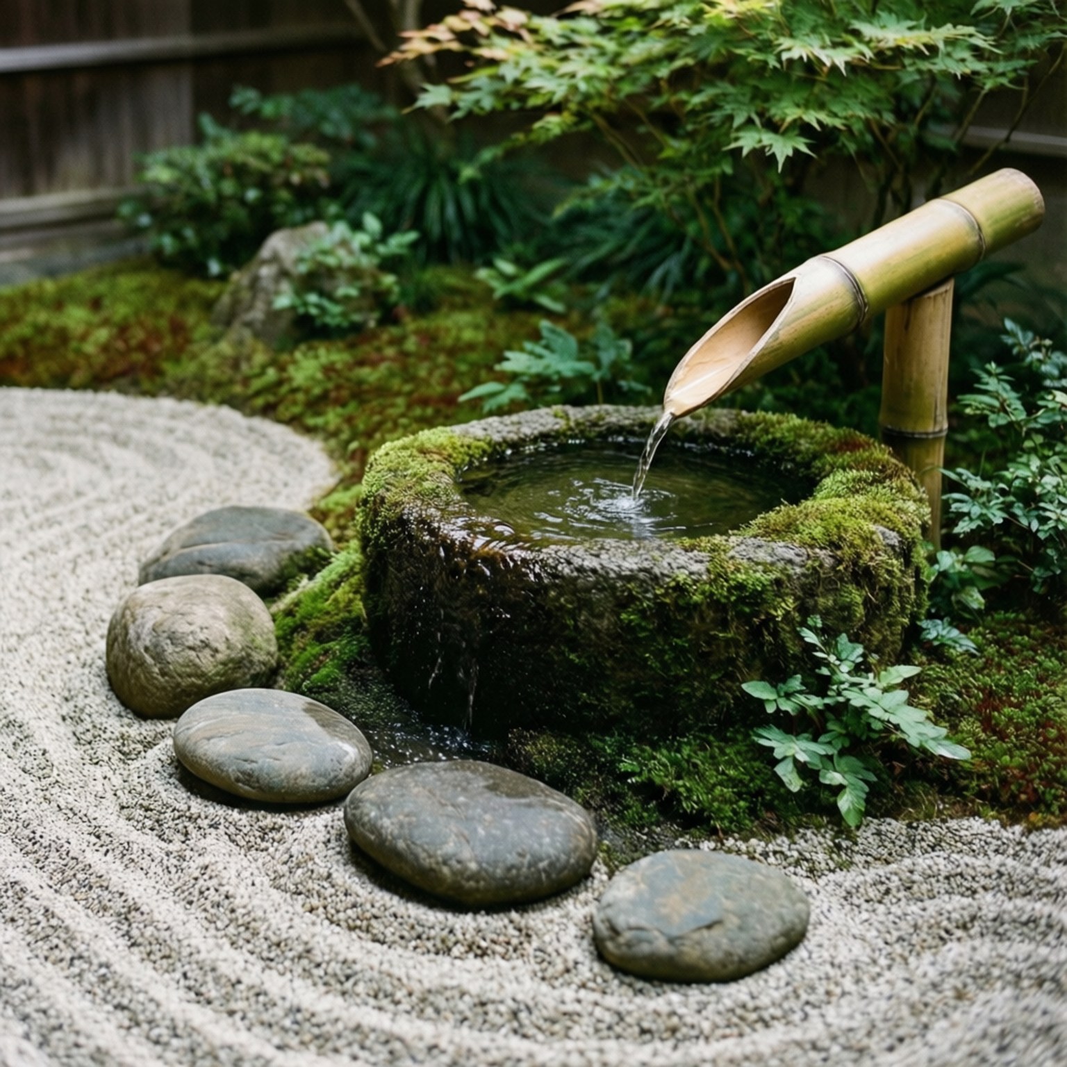 Zen Garden Serenity 壁紙 — 竹製的出水口將水倒入一個長滿青苔的石盆，周圍是耙過的碎石和光滑的石頭，在一個寧靜的日本花園中。