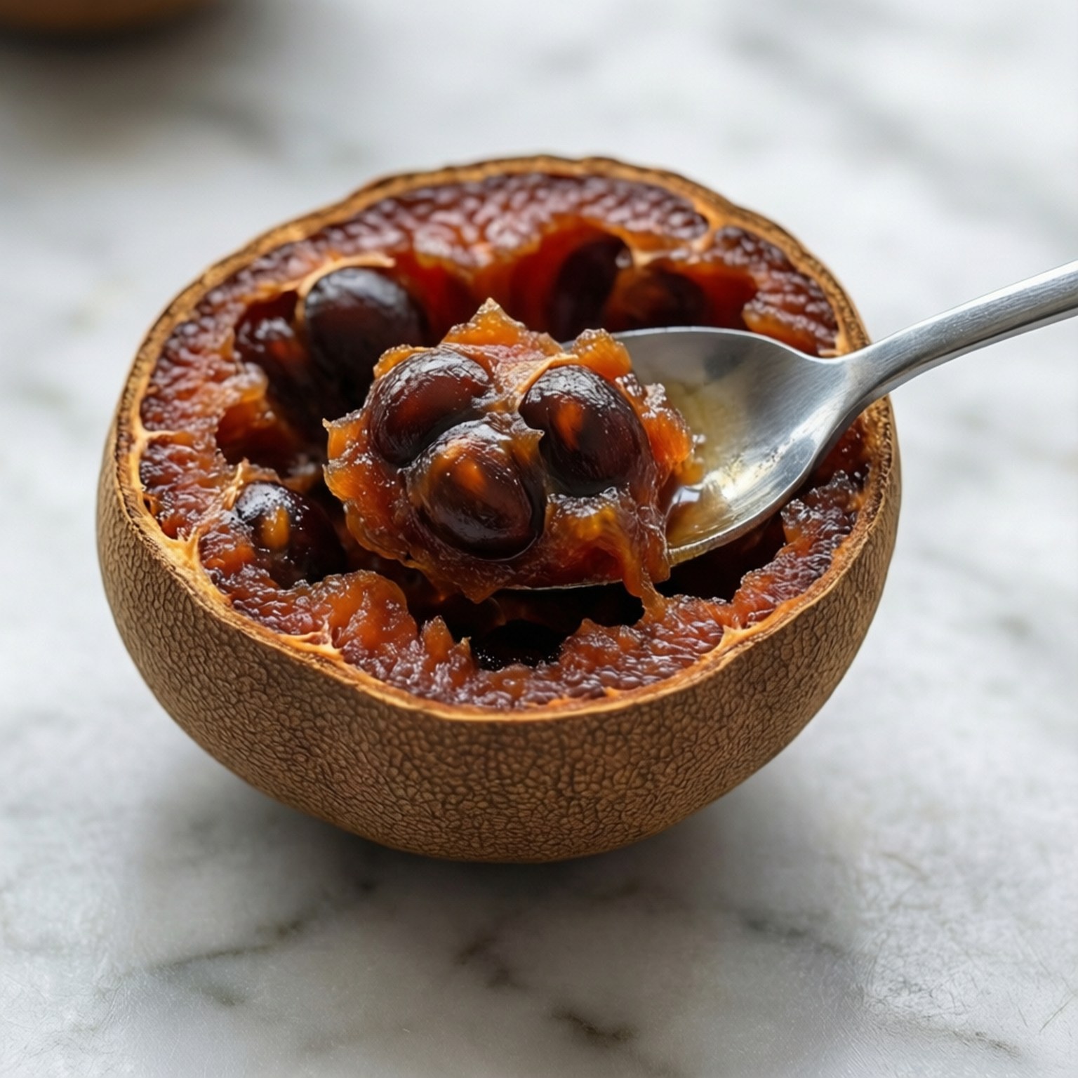 Tamarind 桌布 壁紙 — 半個成熟的熱情果（大果西番蓮），帶有光澤的黑色種子和甜橙色的果肉，正用湯匙舀起放在大理石表面上。