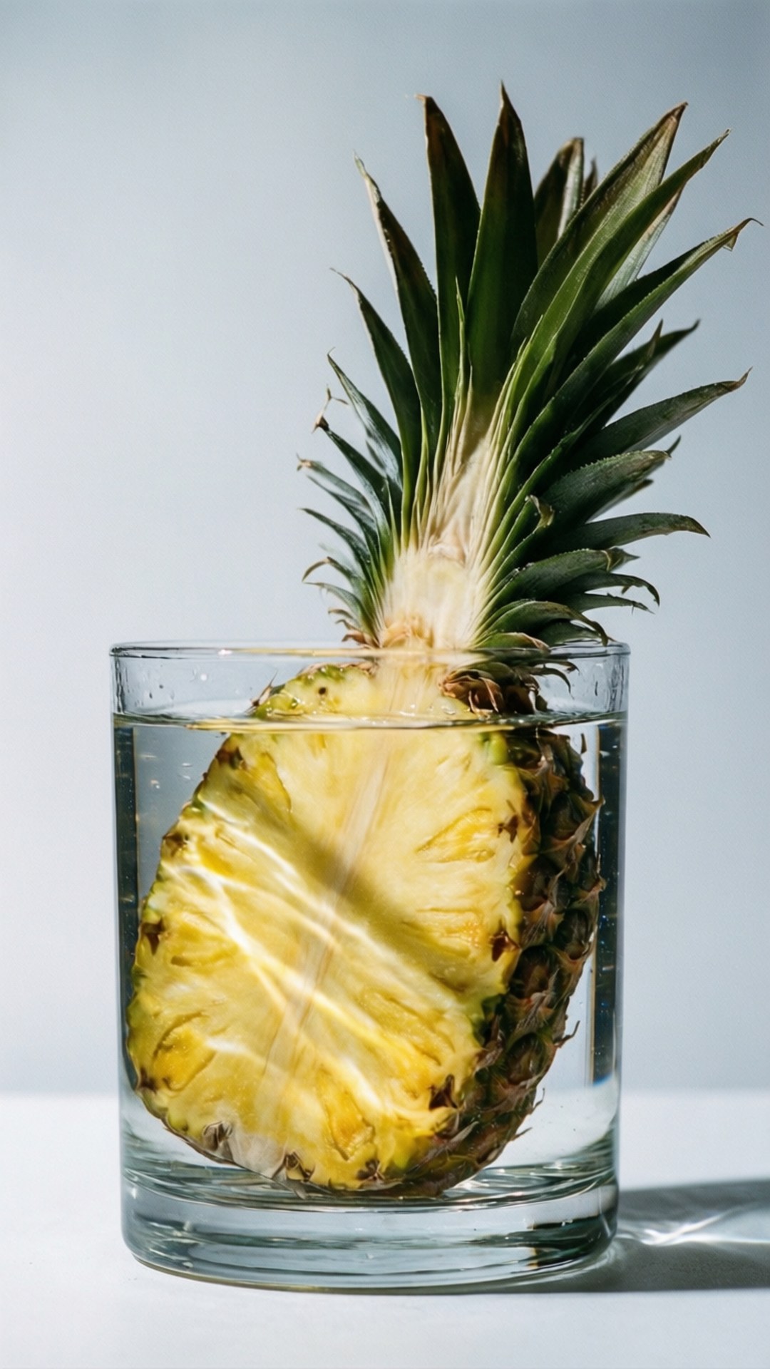 Pineapple in Water Glass 壁紙 — 半個鳳梨連冠浸在清澈的水中，放在玻璃杯內，背景為淺灰色。