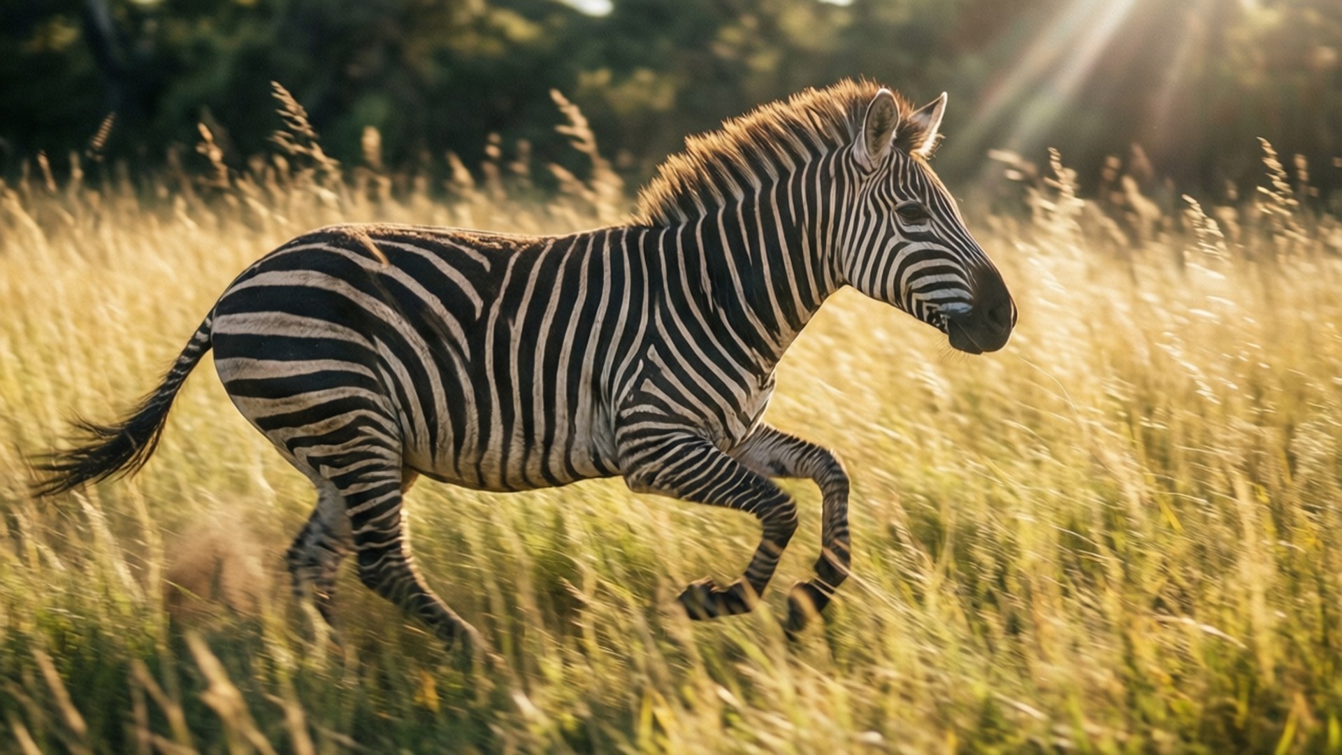 Gallop Through Grass 壁紙 — 斑馬奔馳穿過高高的金色草地，陽光穿透背景的樹葉。