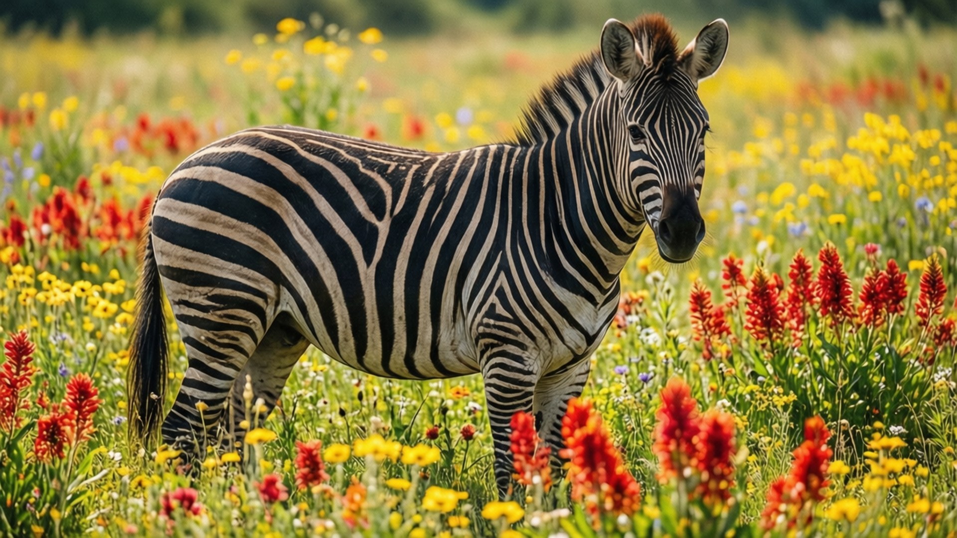 Zebra in Wildflowers 壁紙 — 一匹斑馬在鮮豔的黃色、紅色和橙色野花田中警覺地站立，沐浴在明亮的陽光下。