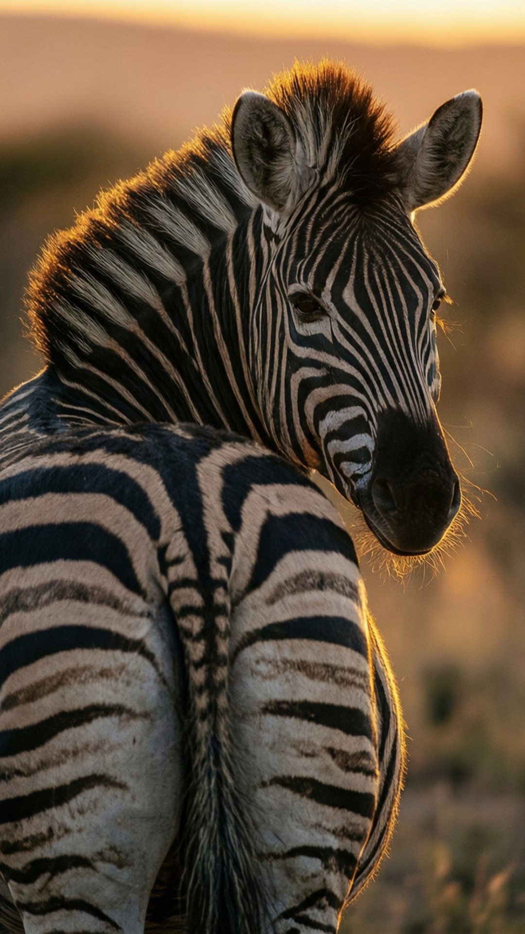 Zebra 桌布 壁紙 — 斑馬在金色日落背景下越過肩膀轉頭，背景是柔和模糊的稀樹草原。