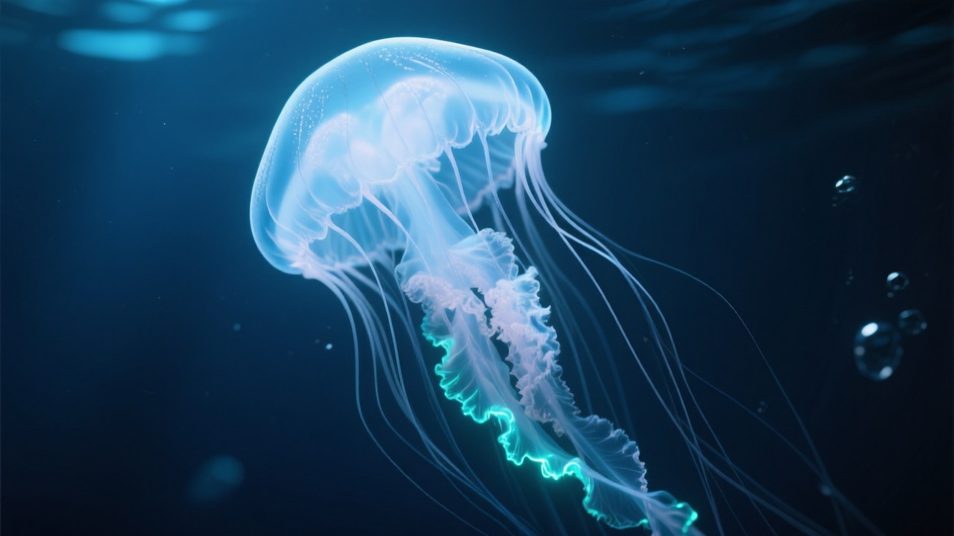 Luminous Moon Jellyfish 壁紙 — 半透明的水母在深海中飄蕩，發出夢幻般的藍色和青綠色光芒。