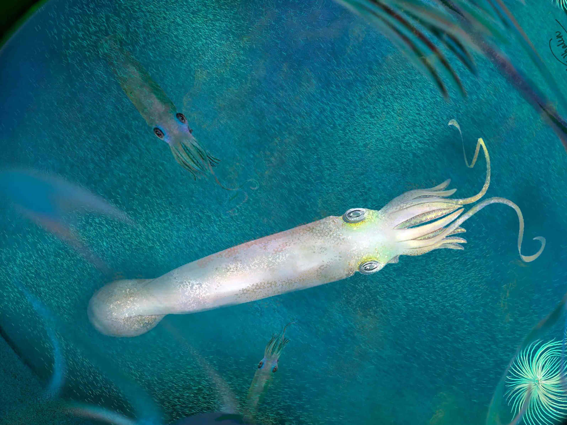  壁紙 — 一隻半透明的魷魚在藍綠色的海水中優雅地滑行，附近還有其他魷魚和發光的海洋生物。