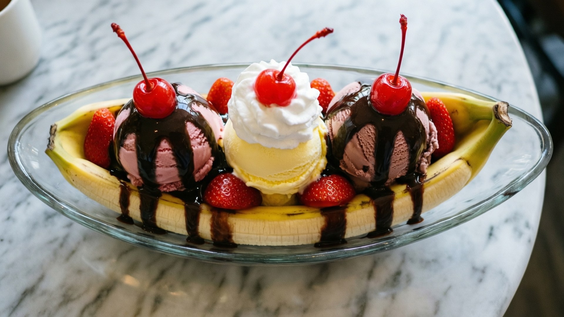Classic Banana Split 壁紙 — 在大理石桌上，一個挖空的香蕉裡放著三球冰淇淋、巧克力醬、鮮奶油和櫻桃的香蕉船。