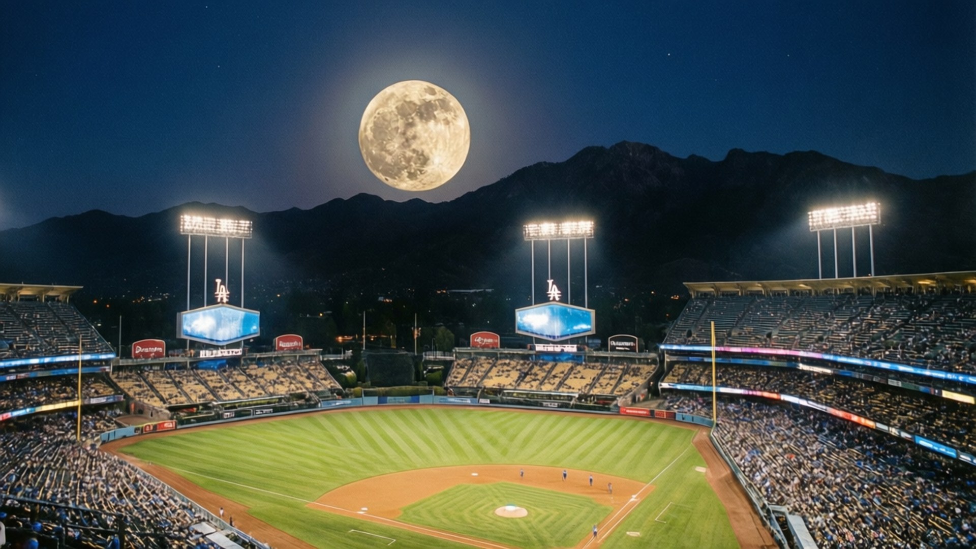 Dodger Stadium Full Moon 壁紙 — 一個棒球場，背景是巨大滿月與山脈，觀眾席上有球迷。