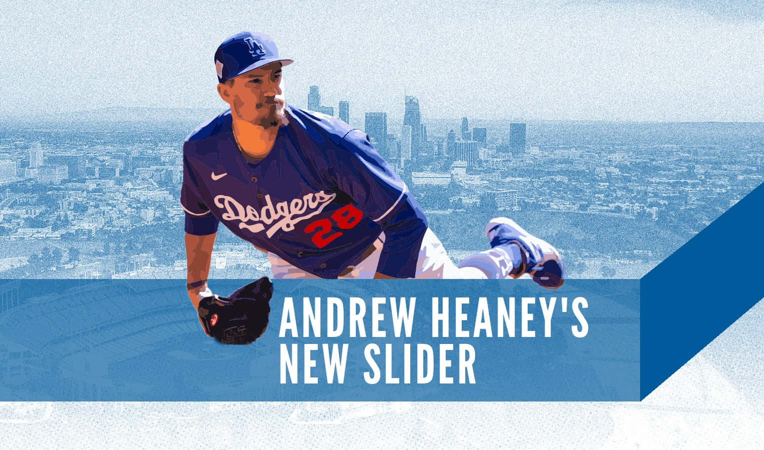 棒球投手 Andrew Heaney 身穿道奇隊球衣，背後有城市天際線正在投球。 — MLB 壁紙