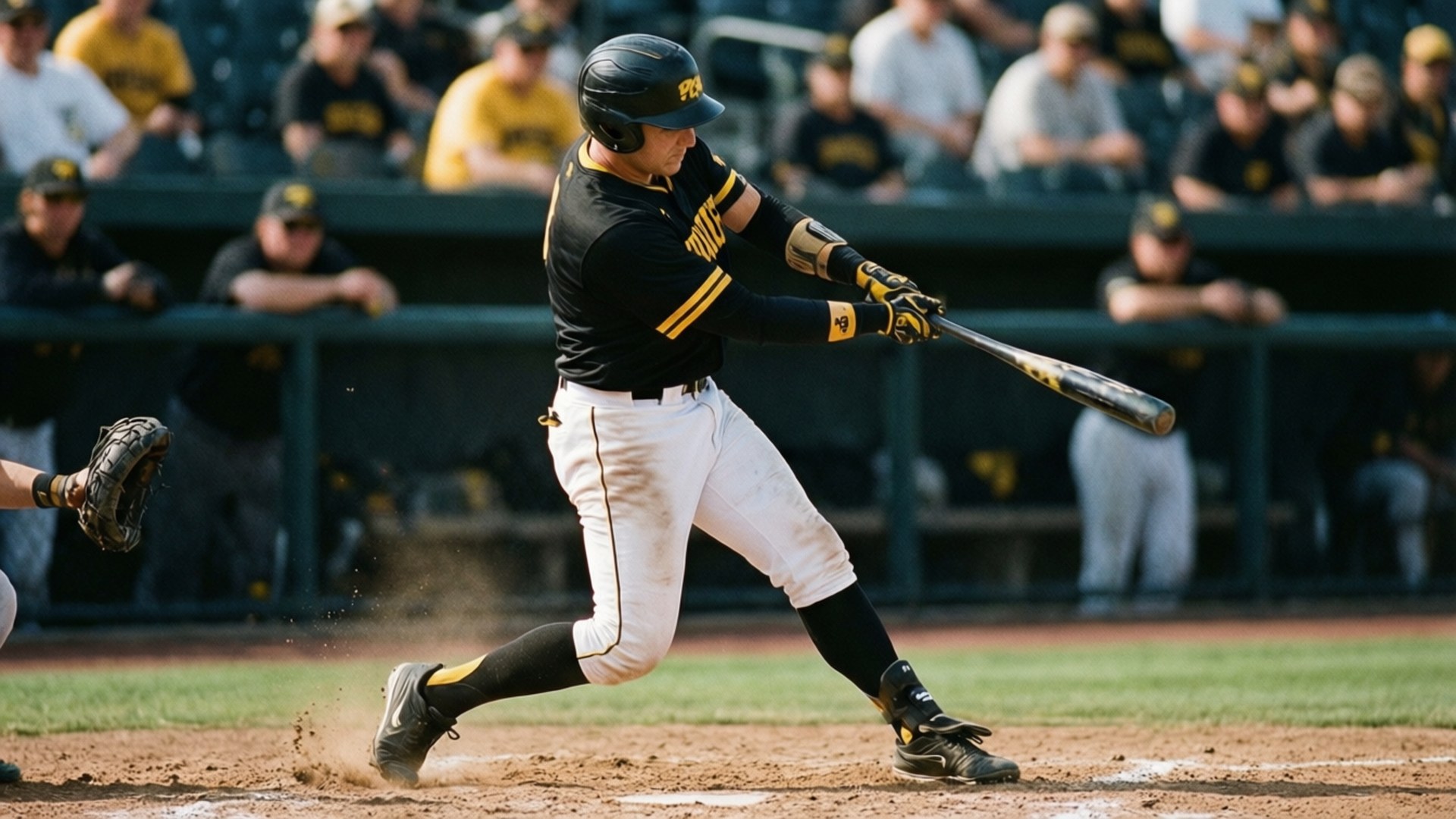 Hawkeyes Baseball Swing 壁紙 — 一名身穿黑金色球衣的棒球選手在日間比賽中於本壘板強力揮棒，踢起泥土。