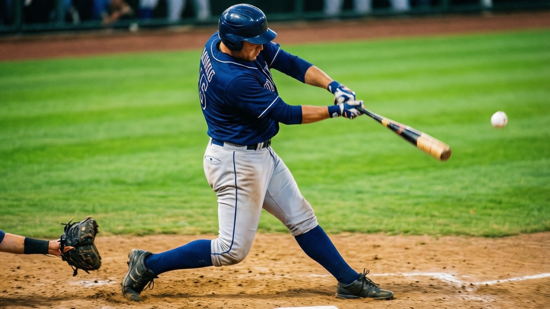 Swing Follow-Through 壁紙 — 一名身穿藍色球衣的棒球選手在綠色場地上揮棒擊打白色球，本壘板周圍有泥土。