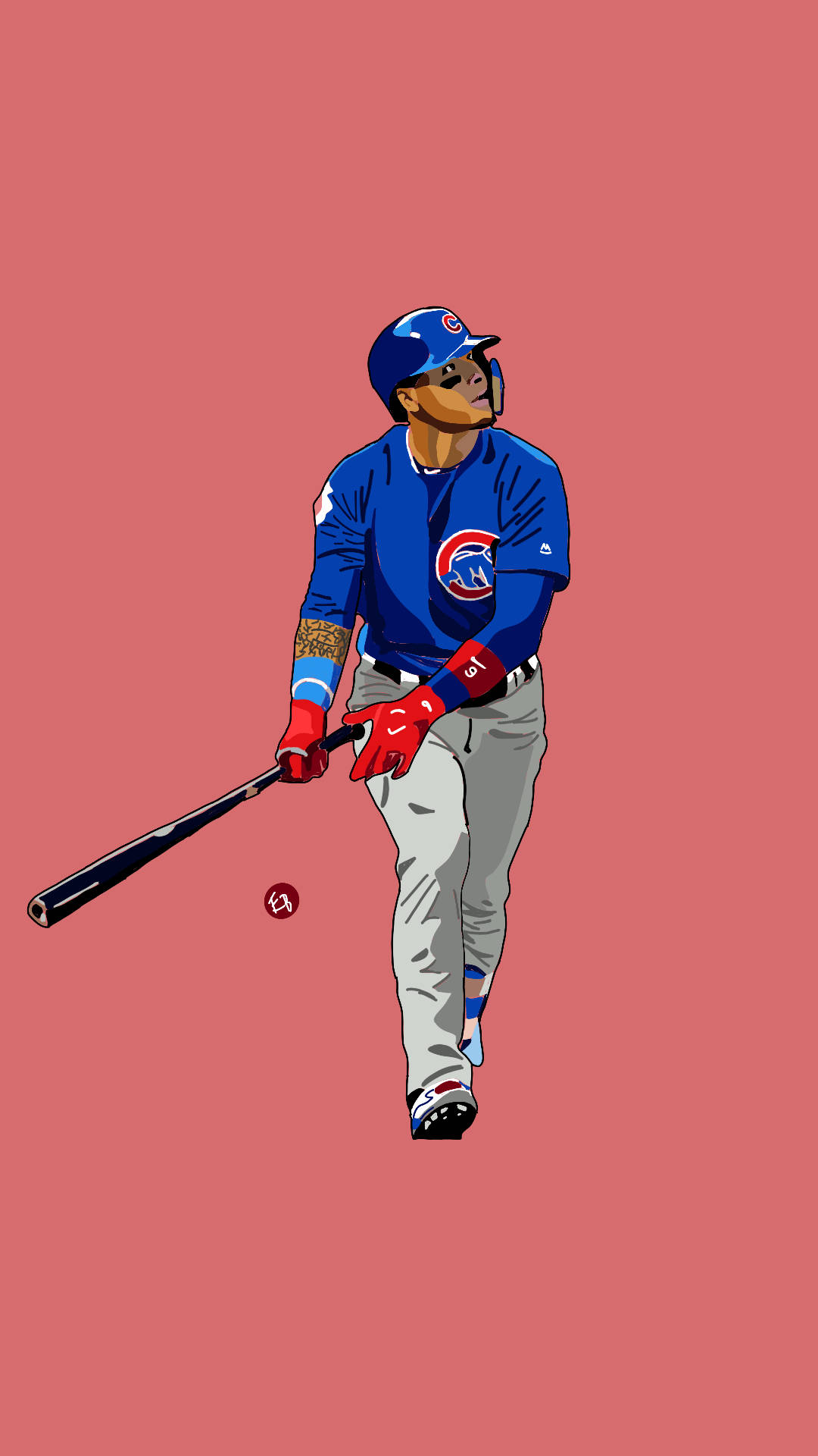 身穿小熊隊球衣的棒球選手在珊瑚色背景上揮棒。 — MLB 壁紙