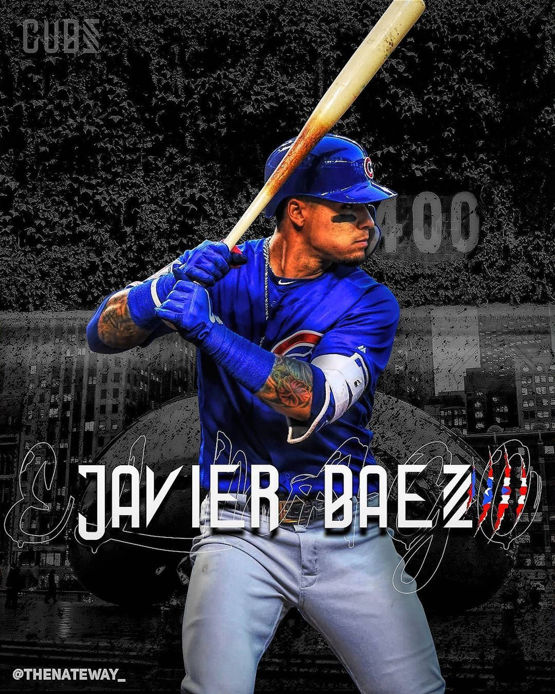 棒球選手 Javier Baez 身穿小熊隊制服揮棒，刺青清晰可見。 — MLB 壁紙