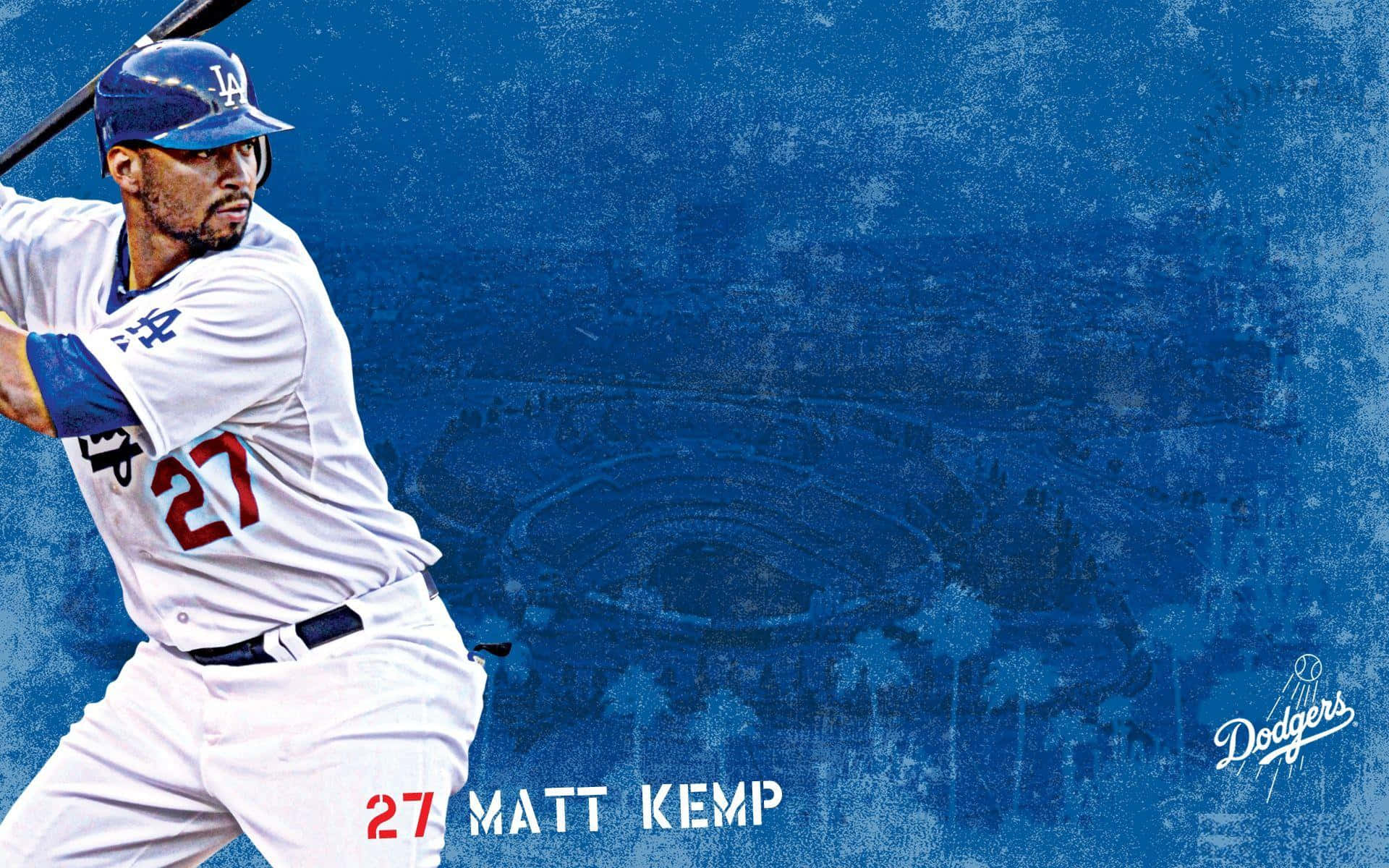  壁紙 — 棒球運動員 Matt Kemp 身穿道奇隊球衣，在帶有體育場剪影的紋理藍色背景上揮棒中。