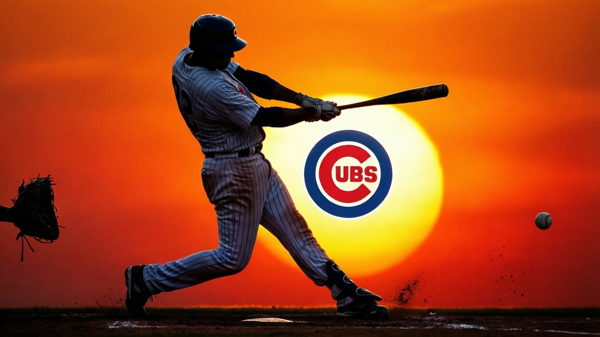 Home Run Silhouette 壁紙 — 一名身穿小熊隊球衣的棒球運動員在日落時揮棒，球隊標誌在他身後發光。