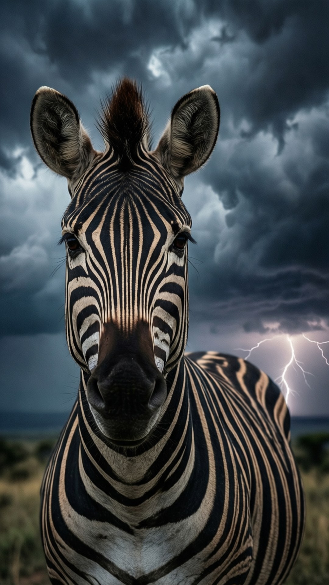 Stormy Zebra Portrait 壁紙 — 斑馬在暴風雨的天空下直視鏡頭，身後閃電劃過。