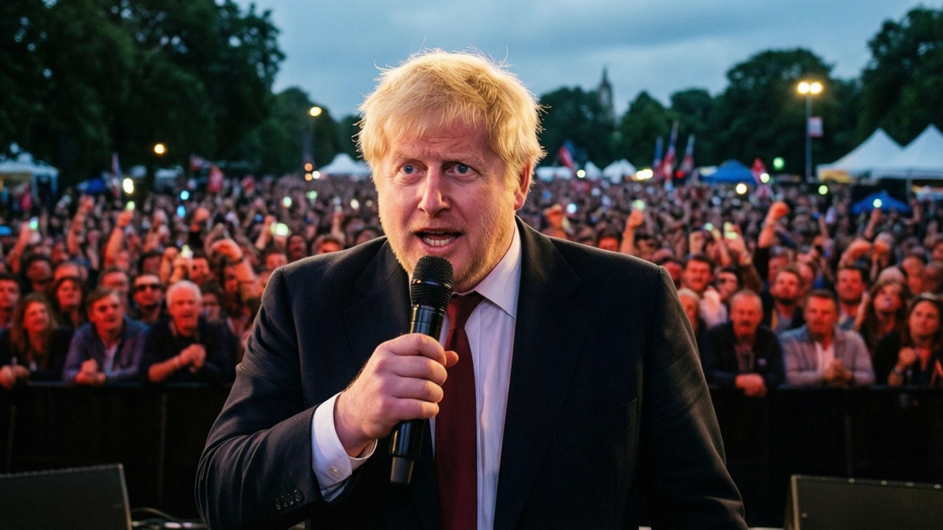 Rally Speaker Boris 壁紙 — 鮑里斯·約翰遜在黃昏時分在戶外一大群人面前對著麥克風講話，背景有樹木和帳篷。