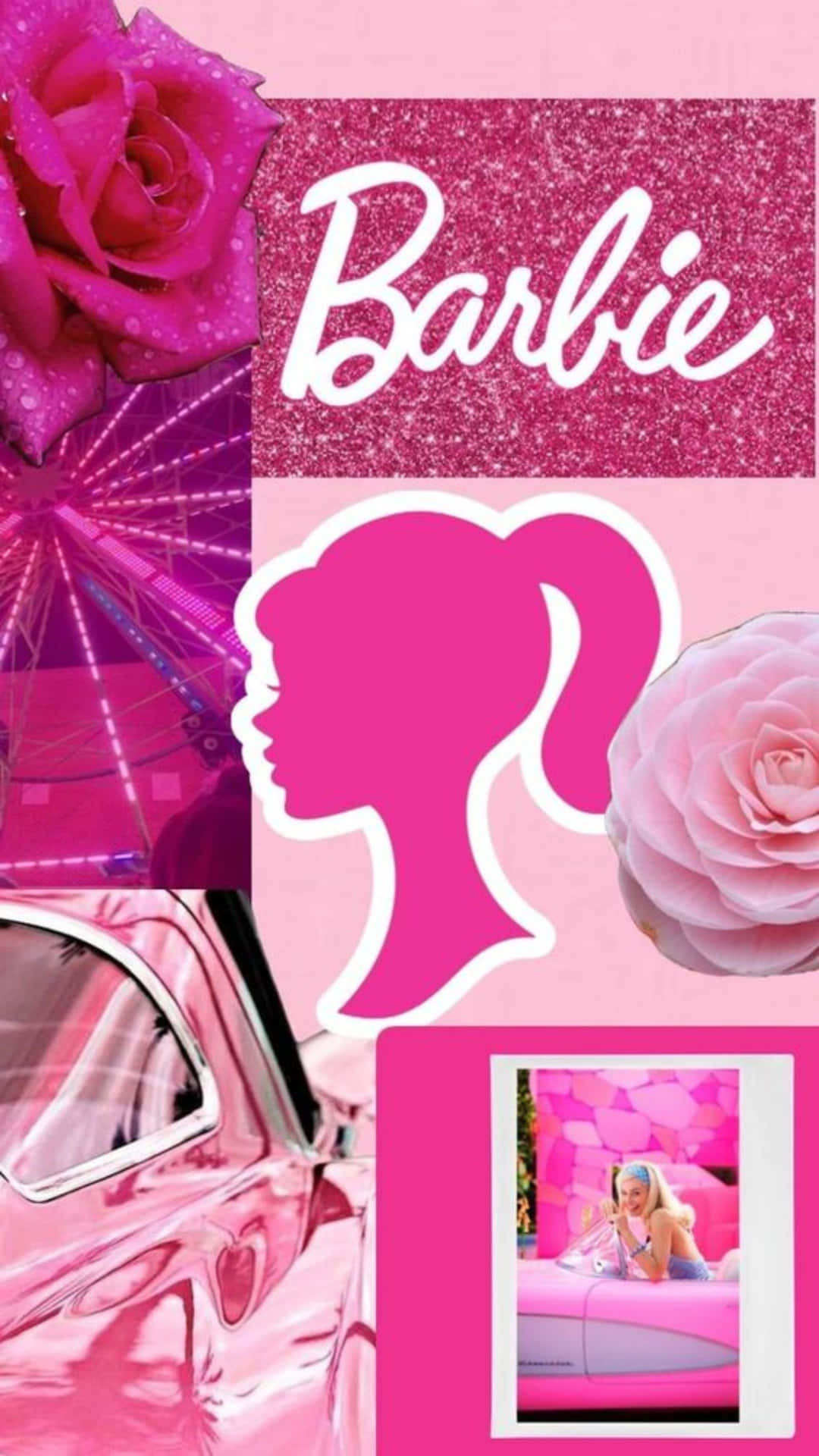  壁紙 — 一個充滿活力的粉紅色拼貼畫， featuring Barbie 標誌、標誌性剪影、玫瑰和經典汽車，背景閃爍。