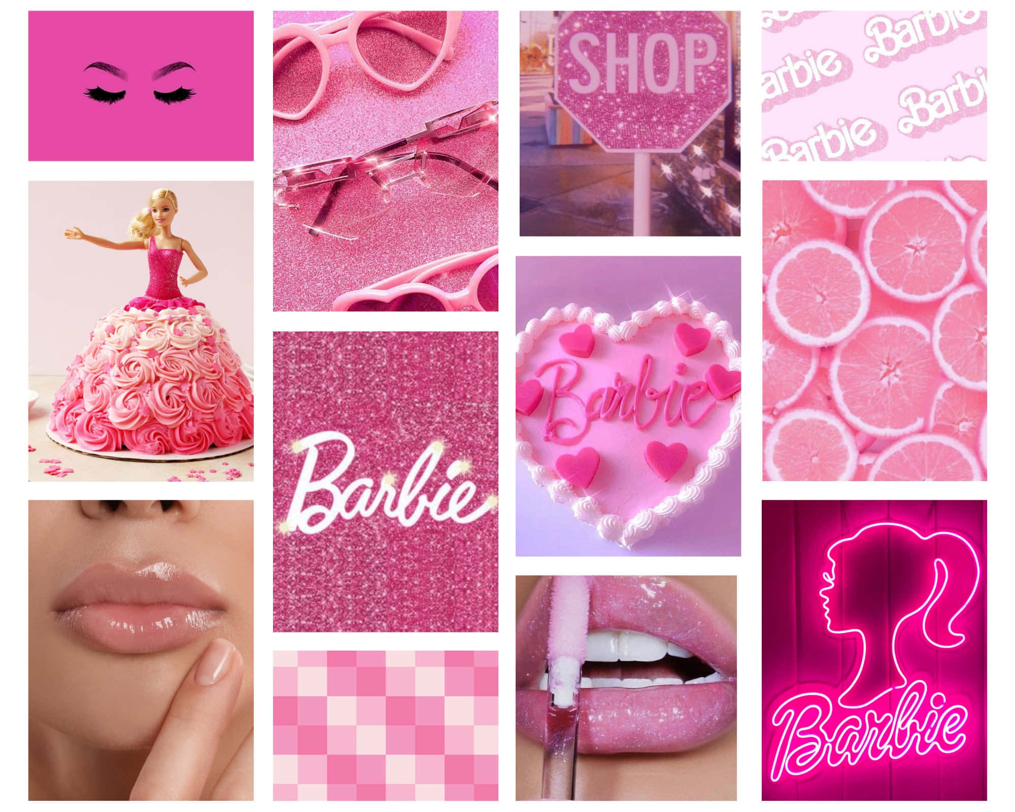 Glitter Barbie Aesthetic 桌布 壁紙 — 一個充滿活力的粉紅色拼貼畫，包含芭比主題物品，包括蛋糕、嘴唇、眼鏡和霓虹燈標誌。