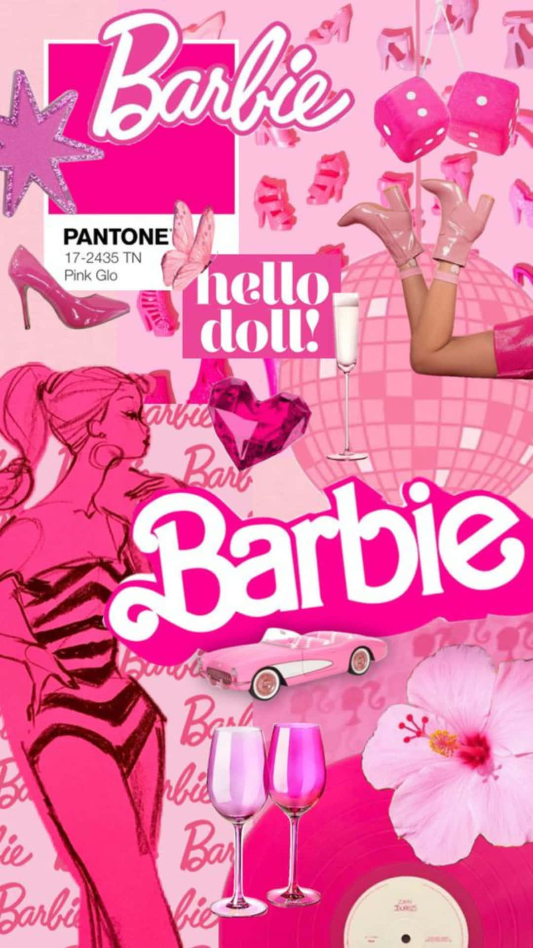  壁紙 — 以閃亮背景襯托的鮮豔粉紅色 Barbie 主題拼貼畫，包含高跟鞋、香檳杯和迪斯科球。