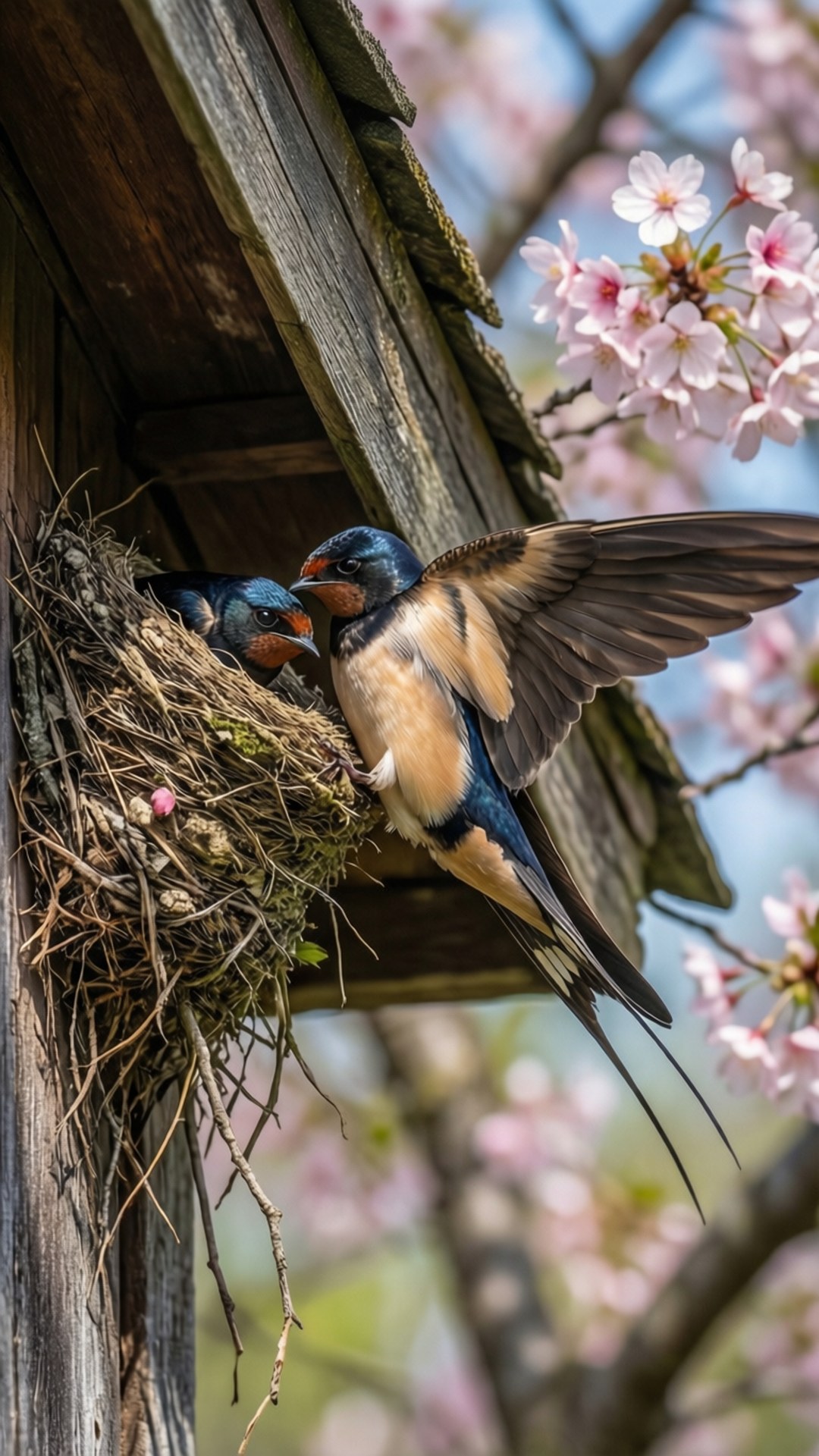 Swallow Nest Building 壁紙 — 一隻展翅的家燕在一個簡陋的巢中餵養雛鳥，巢穴藏在風化的木簷下，旁邊是盛開的櫻花。