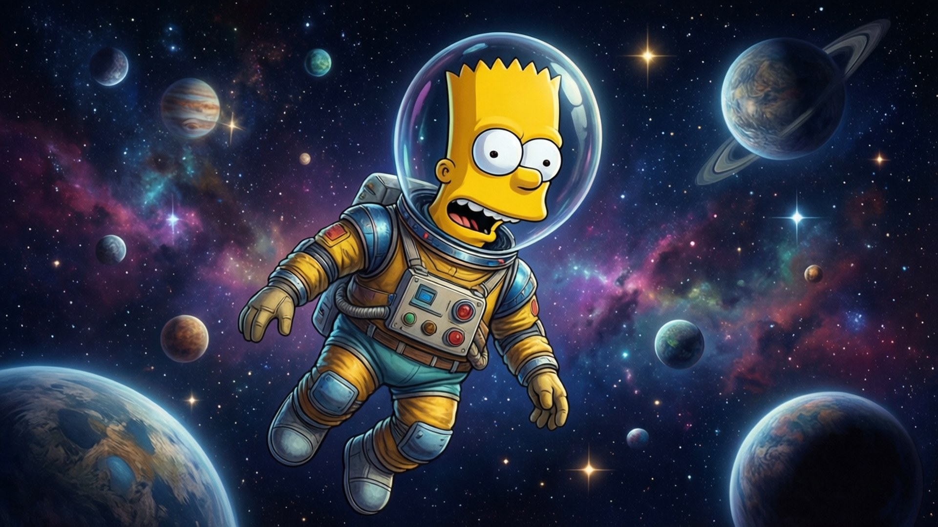 Bart in Space 壁紙 — 巴特·辛普森穿著太空衣漂浮在充滿色彩繽紛行星和閃爍星星的活力宇宙場景中。
