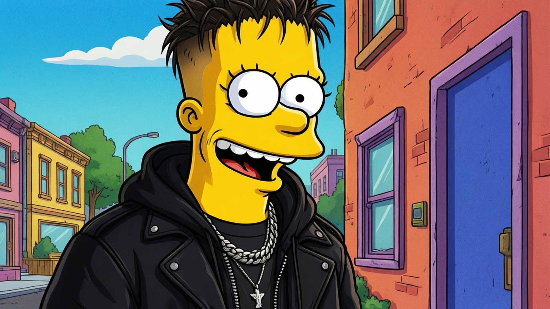 Simpsons Style Balvin 壁紙 — 巴特·辛普森穿著黑色皮夾克和鏈條項鍊，在色彩繽紛的卡通街道上微笑站立，街道上有磚建築和藍色門。