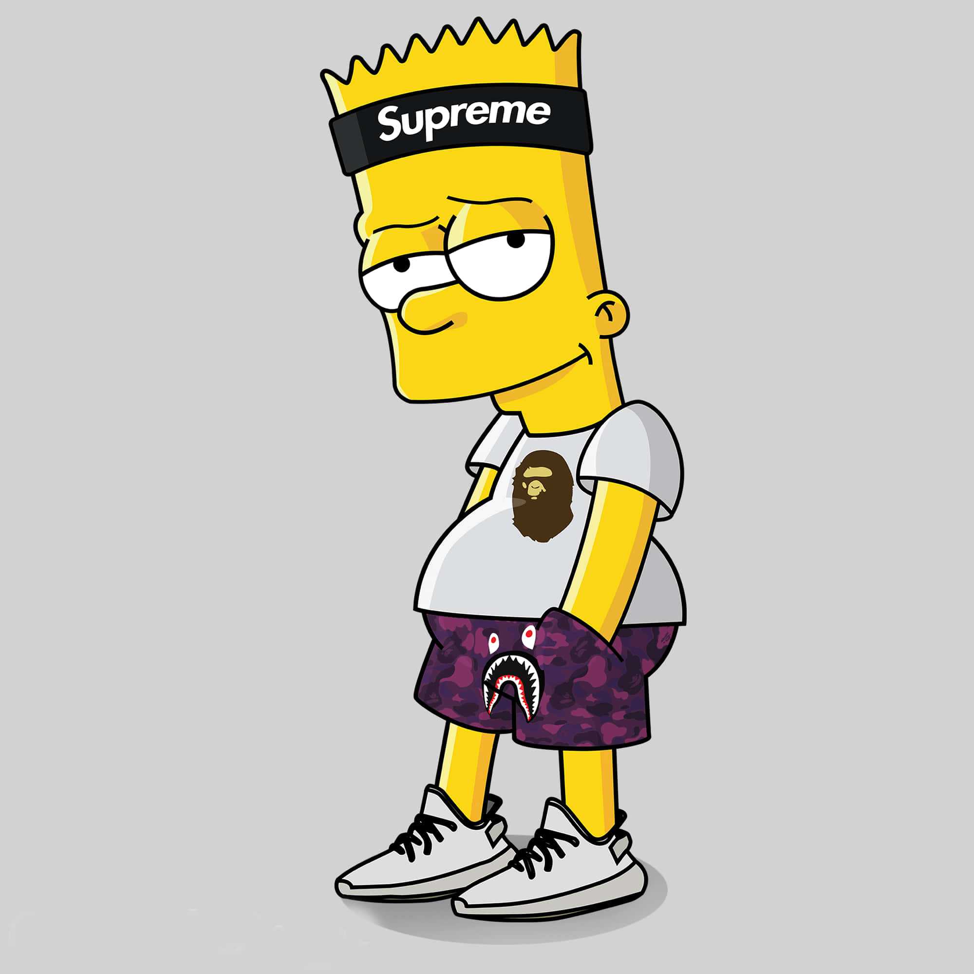 桌布 壁紙 — Bart Simpson in streetwear with Supreme headband BAPE tee and shark-print shorts against gray background.