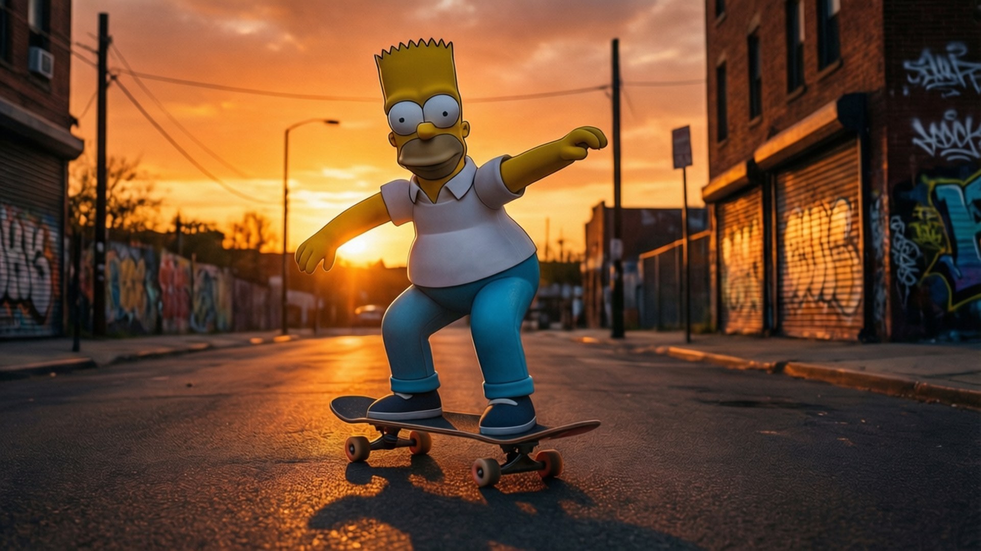 Skateboard Sunset Bart 壁紙 — 巴特·辛普森在日落時分踩著滑板沿著一條佈滿塗鴉的城市街道滑下。